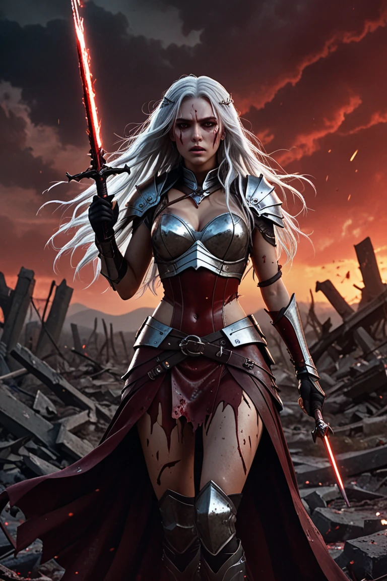 hi-tech city burning ruins, explosions, air battle, drukhari dark elven maiden raider jumps into a gap with glaive, athletic body, vampire, night sky, angry screaming evil face, sharp fangs, diadema, skulls, (small breasts:1.1), (demonic eyes:1.1), (dynamic pose:1.4), (bloodless skin:1.6), a lot of tattoos, [punk hairstyle | braids] side shaved hairstyle, sharp thorns and hooks, multi-colored hair, whip on the belt, (quicksilver chained leadher shibari armor:1.3), chocker, glaive, detail face,  amazing body, pronounced feminine feature, boots,
