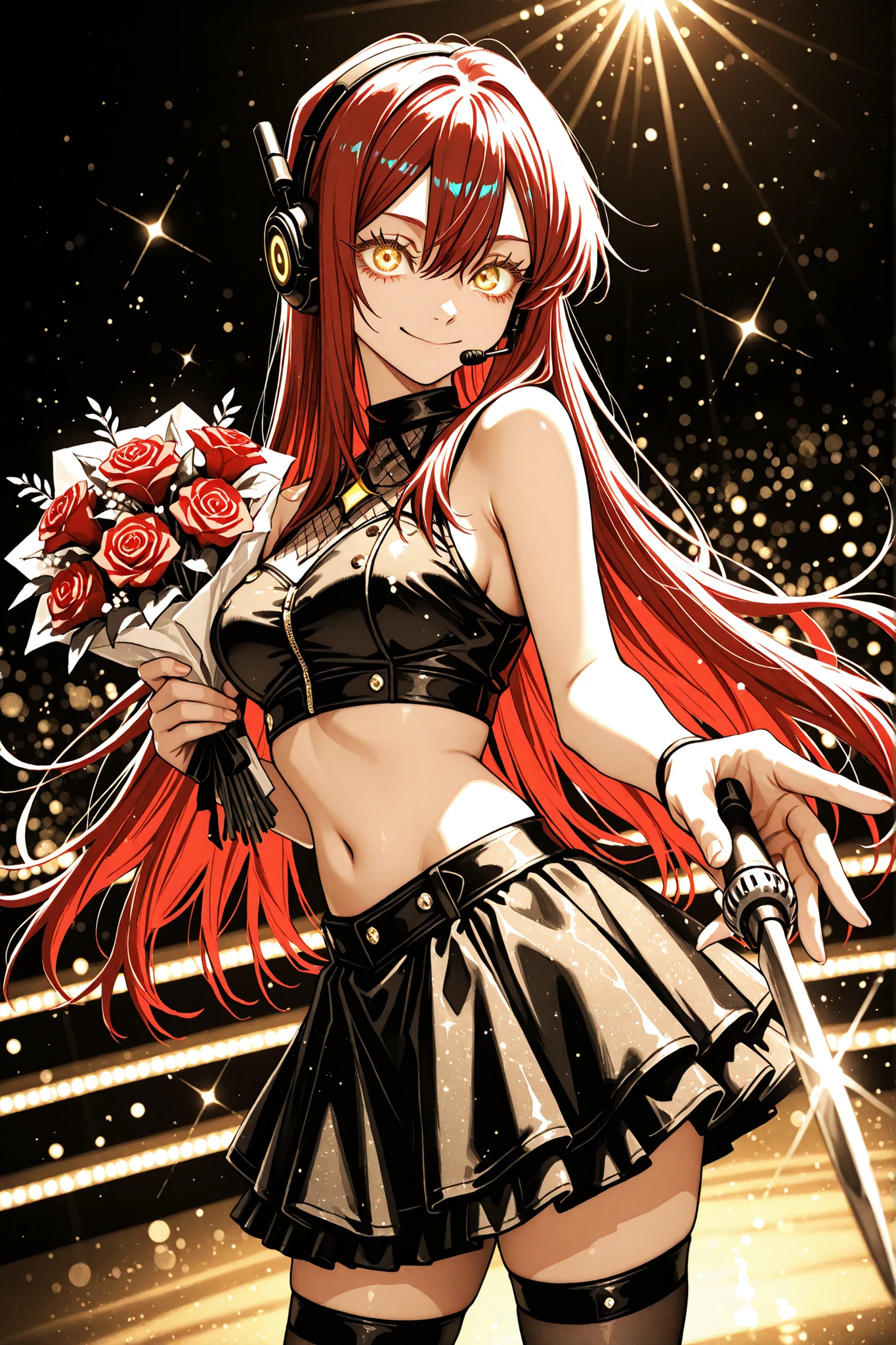 Glowing_Lights, glowing_light, glowing, glowing_effect, sparkling, particles, sparkle_effect, light_particles, glitter, glitter_effect, bokeh, light_bokeh, light_reflection,monochrome, hatching, jujutsu kaisen manga style, sketch, 1 girl , golden eyes , very long hair , long sidelocks, red hair , petite , very cute , beautiful ,Straight hair, cool, handsome, hair between eyes, midriff, navel, zettai ryouiki,idol, microphone headset, cute idol costume,, standing on a large stage, holding a bouquet of flowers behind his back, knife blades in a bouquet of flowers, devilish sweet smile, back view, looking over his shoulder, (foreshortening:1.4), upper body, dynamic angle, (blurry foreground:1.2), masterpiece, best quality, amazing quality, absurdres, ultra-detailed, very aesthetic, digital painting style, delicate skin texture, glossy eyes, detailed eyelashes, long eyelashes, ((watanabe_tomari)), hatching (texture), sketch, sharp, colorful, monochrome, maroon theme, moody colors,