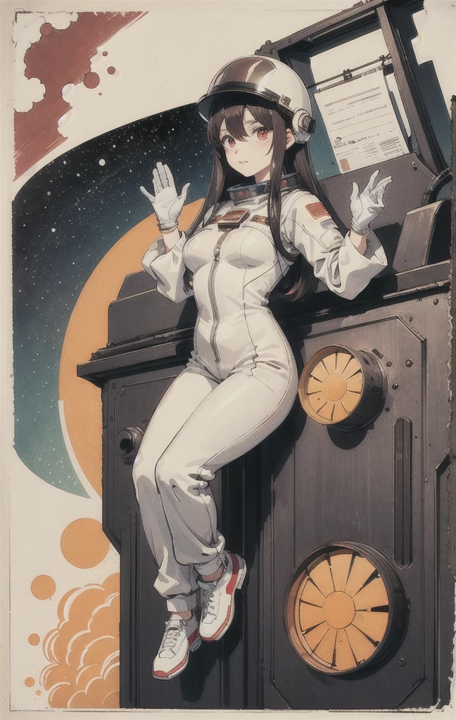1girl,flat_breasts,cute,beautiful detailed eyes,shiny hair,visible through hair,hairs between eyes, CCCPposter, sovietposter,red monochrome,soviet poster, soviet,communism, Black_hair,red_eyes,vampire,teenage,poorbreast,Spacesuit:Orange_clothing_body:jumpsuit),white_gloves, white_space shoes, white_helmet, the CCCP red letters on the top of helmet, weightlessness, Side light, reflection, The person in the spacesuit is at the bottom left of the frame, The right hand is outstretched, the right hand gently touches the Salyut space station), Space station in the upper right corner of the screen, Reflected light from the sun, Silver metal,red flag, brilliance,USSR style, diffuse reflection, Metallic texture, The vista is a blue Earth,mecha style,the sea of star,high tone, magnificent
