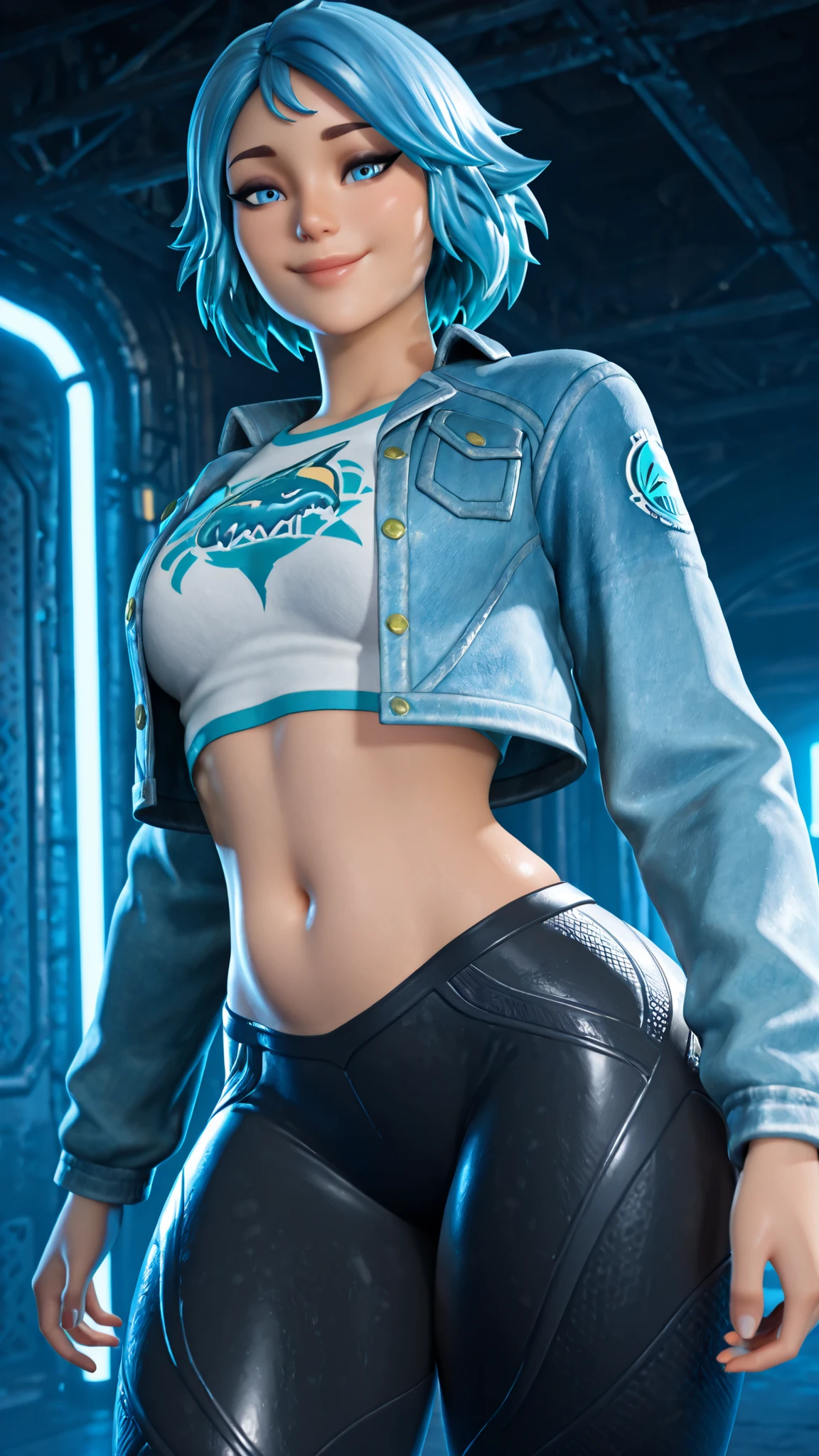 absurdres, 1girl, full body, mechanic in a sci-fi mecha hanger, crop top, denim shorts, short hair, pixie cut, official art, vivid color, finely detailed, hyper detailed, 8k, high resolution illustration, Masterpiece, best quality, intricate_detail