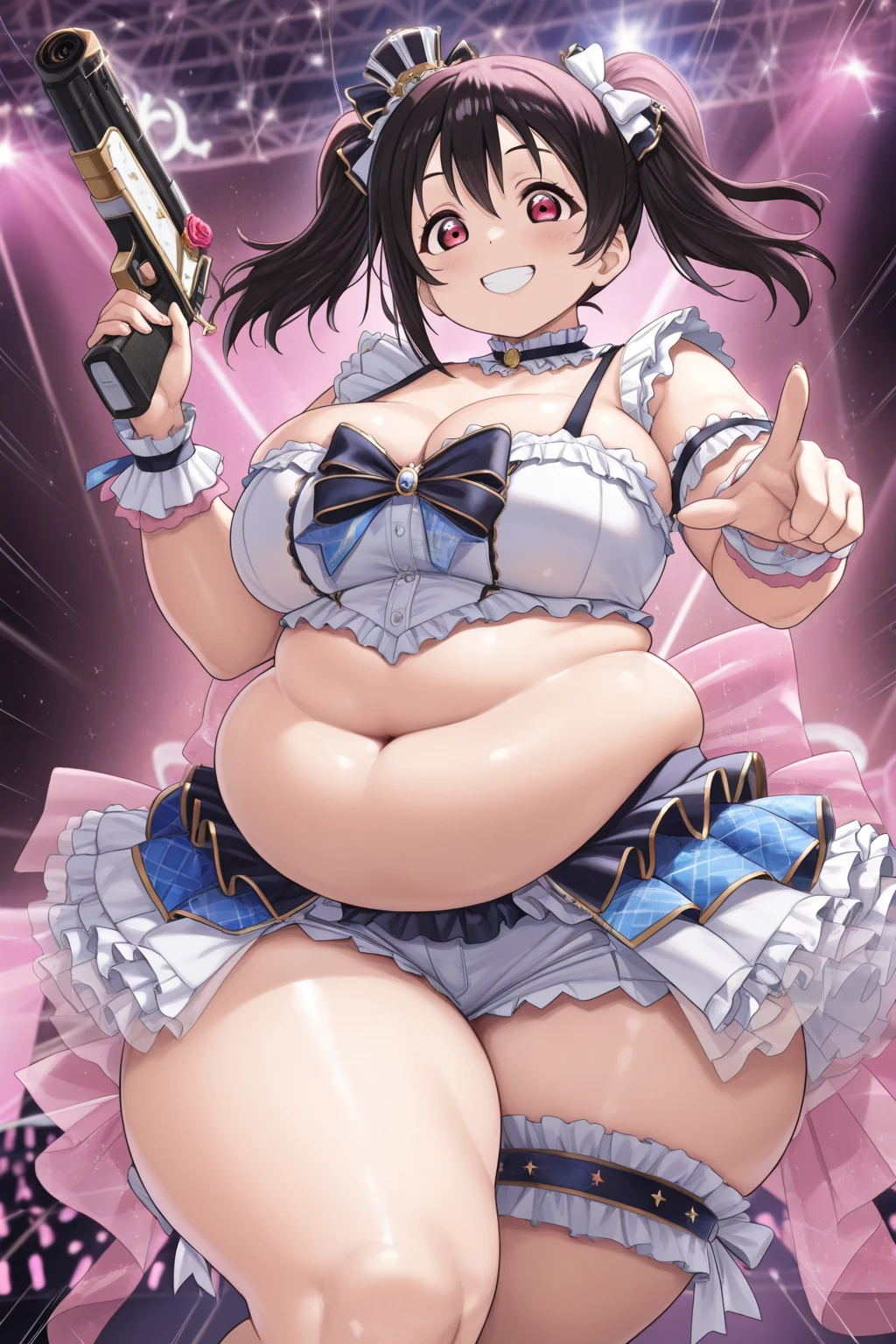 (highest quality :1.3), (masterpiece :1.3), super detailed face, fine eyes, double eyelid,(( Dancing on stage　Lots of lighting　many spectators)) Beautiful woman with an attractive body (chest :1.2), And black hair　clear image　16Kのmasterpiece　detailed body　slender body shape　She is modeling during the shoot.　shiny skin　Tokizaki Kurumi&#39;s Head Dress　detailed face　He&#39;s wearing orange and black　cheeks are red　Estrus　droopy eyes　Tears are flowing　Drool　trembling　Pee　Body fluids flow from the vagina to the knees　very thick pubic hair　white skin　crowd　hair ornaments　Transparent Black Micro Bikini　smile　Model Stそしてing Pose　Just five fingers　Estrus　星野アイのhair ornaments　smile))　stick out tongue　dark armpit hair　detailed feet　detailed thighs　one girl　超詳細なchest　Girl standing and posing　One hそして on your waist　 Pose with your crotch spread　