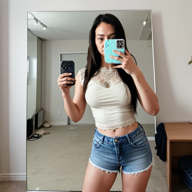 (photorealism:1.2), indian girl, brown body, long black straight hair, perky breasts, teen body, taking mirror selfie, sides of mirror not visible, iphone 15, phone covers face, face hidden, phone vertical, front facing, standing, standing confidently, full body from head to toes, room, black wardrobe without any design in the background, wardrobe door closed, wardrobe kept parallel to mirror, sides of wardrobe not visible, dark room, spotlight from top, grey loose shorts, maroon tshirt, tshirt pulled up by male, showing underboobs, male face hidden
