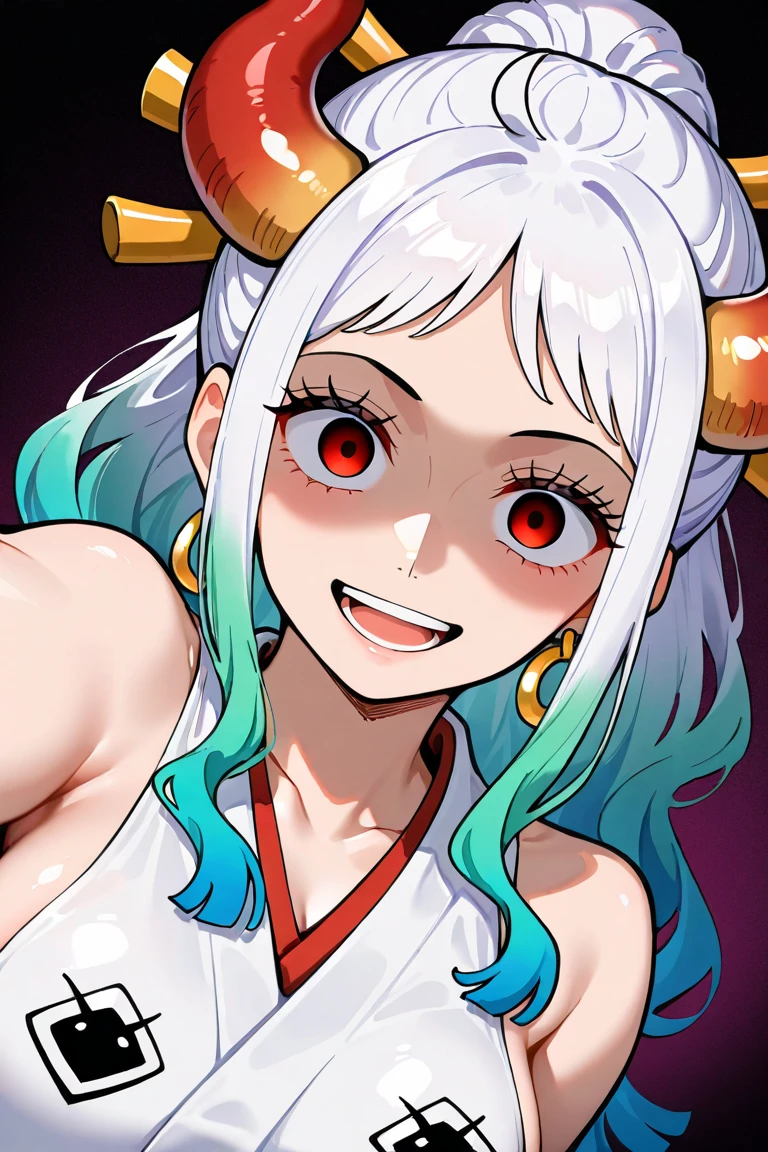1girl, yamato (one piece), solo, breasts,horns, multicolored hair, weapon, chain, long hair, open mouth, japanese clothes, earrings, jewelry, hair ornament, upper body, sideboob, armpits, sleeveless, sleeveless kimono, holding, holding weapon, rope, club (weapon), curled horns, looking at viewer, oni, smile, green hair, kimono, shackles, cuffs, arm up, shimenawa, white hair, hair stick, collarbone, kanabou, brown eyes, red horns, large breasts, bare shoulders, aqua hair, gradient hair, sidelocks, hoop earrings, ((medium quality)), ((medium quality))
