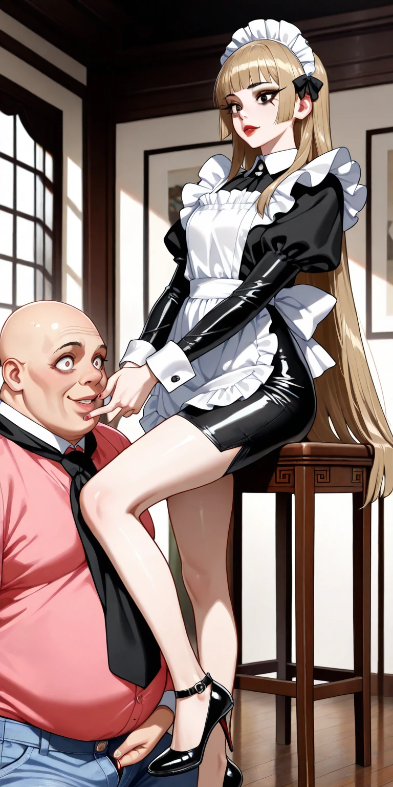 ((Kami Tora style)), score_9, score_8_up, score_8, score_7_up, score_7, score_6_up, score_6, score_5_up, Score_5, woman and boy in a femdom dungeon, chain and ropes hanging from the walls, beautiful face, large mature round woman, fetish femdom schoolmistress, eyeglasses, sadistic smiling candid expression, corset, stockings, hairy pink pussy, unbuttoned dress, old schoolmistress, busty topless, hair updo, elegant hair style, depth of field, narrow hips, sexy adult schoolmistress. Short submissive slim ("nude young student":1.2). Locked to the dungeon wall. Boy's unbuttoned lowered pants exposing balls, big metal chastity cage on cock, copiously dripping cock.Ball gag, dripping mouth, collar, sex, extreme size difference, halfbody portrait, boy is thin, boy, age difference, male young student, dungeon, full body framing, ((perfectly illuminated characters))