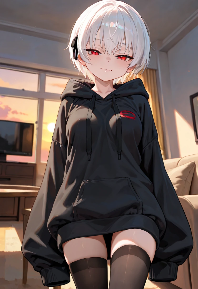 Beautiful woman with short white hair with completely red scarlet eyes wearing a black shirt and a red leather jacket and gray shorts with long black stockings 2D anime style with a where of a room and a bed with red sheets