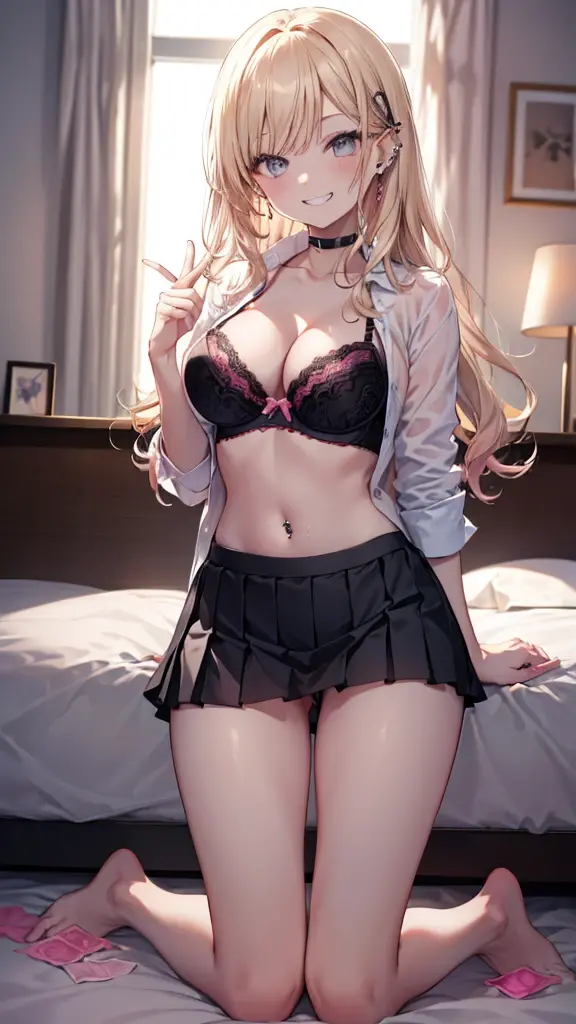 (((night,真night中))),((Dark atmosphere)),(whole body)，((Perfect Anatomy:1.2,Realistic:1.3,Raw photo:1.3,masterpiece、highest quality、Ultra - High resolution、High resolution、Extremely detailed CG、8k)),((attractive way to sit)),((((Crouching pose)))),1 female,alone,18-year-old、High school girl beautiful girl,Japanese,((Beautiful and exquisite face and eyes:1.2,Big beautiful eyes:1.0,)),(Brighten your eyes),((Beautiful woman))、((Blonde)),Long Hair,(Center parted hair:1.4,amount),Medium chest,((slim body)),Small Head:1.3,skinny,(Brown Skin:1.8),(Oily skin,Glowing Skin,Shiny skin,Sweat:1.4),(((school uniform、Dark blue blazer jacket、((White Shirt))、Checkered pleated mini skirt))),(prostitution),((show off bra:1.1)),((open legs:1.5))，Dirty back alley、Tokyo、((Turn your body forward)),(lonely),((Feeling melancholy))、Stick out your crotch、(Detailed depiction of the crotch)，(Apathy)，(Lucky)、((Expressionless))、break,(((satin bra)))、(((Satin panties)))、(shiny bra:2)，((Shiny panties:2))、((((Bra and panties in the same color))))