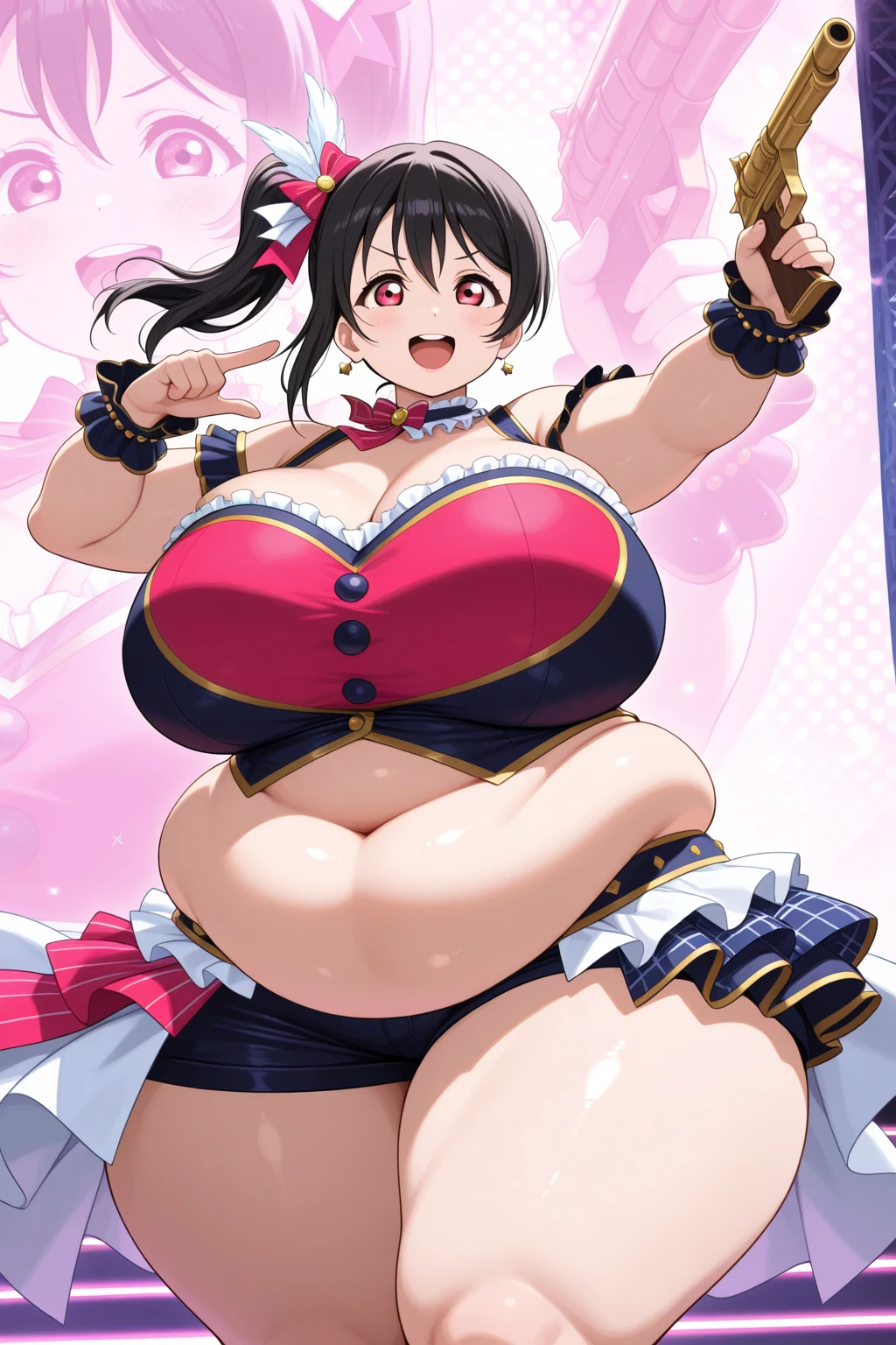 Erotic Anime Illustration、Anime painting、highest quality、Sex Appeal、smile、Tokitsukaze、A plump high school girl dancing on the outdoor stage at a school festival、Perfect proportions、Spread your legs、Very large breasts、Fatty legs、Clear eyes、Sweaty、Cowboy Shot