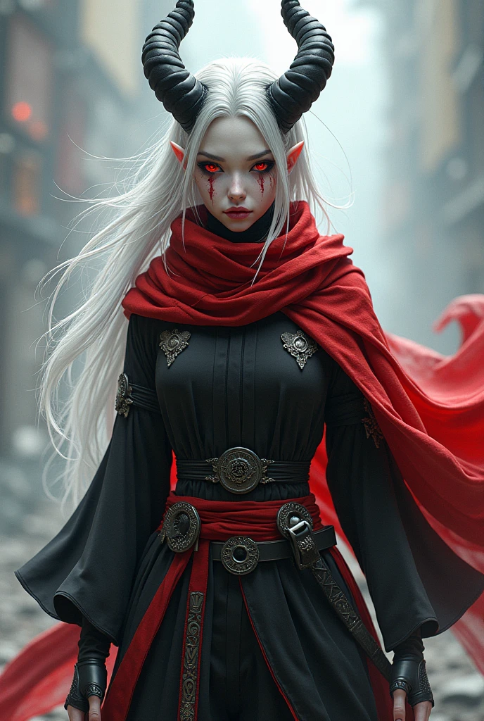 High Resolution, Detailed Face Features, Desktop Wallpaper, Dark Background, Outside, Public,Female, Samurai, Long White Hair, Small Chest, Black Clothes, Blue Eyes