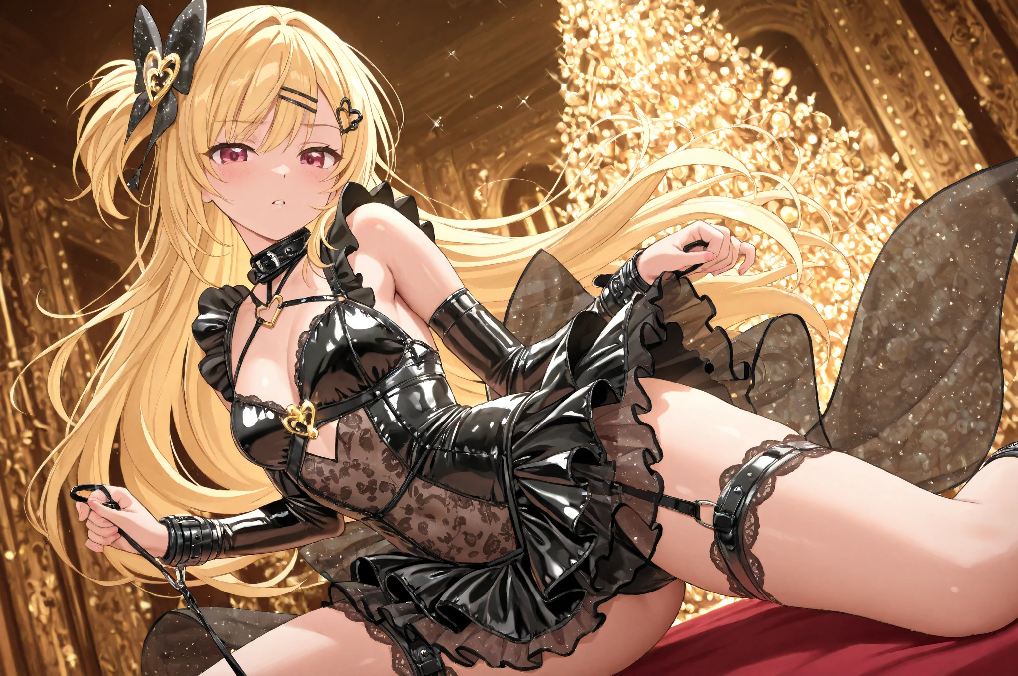 lease, blonde、Long Hair、bondage、Thigh-high boots、Picture below、Mid-chest、prison、Round 1、Chains on both hands、Embarrassed expression、On my back