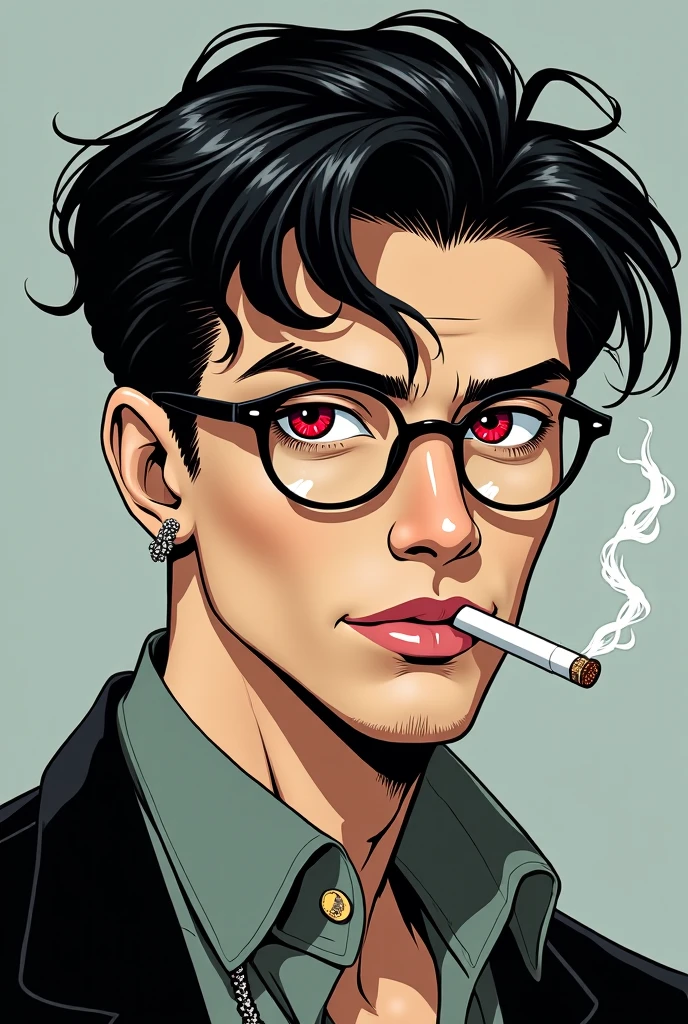 Create a digital illustration of a young man with an intense, brooding expression. He has injury between eyes. He should have sharp, angular features, short black hair styled in a modern quiff, and thick, dark eyebrows. Include large, square-framed glasses that dominate his face. The man is smoking a cigarette, with wisps of smoke curling upward. His gaze is directed slightly to the side, giving him a contemplative air.