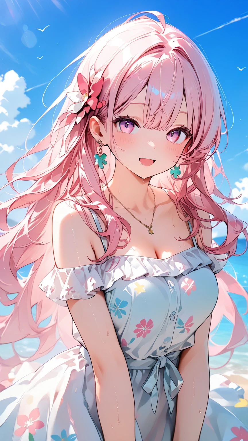 (1 girl),(Best Picture Quality, 8K, Masterpiece:1.3), (18year:1.5), ((pink long hair:1.1)), (swept bangs), ((cute eyes, pupil black, iris yellow gold,youthful face)), (standard weight), (medium breasts,curvy), (glistening skin:1.1),sundress,ishtar,happy
