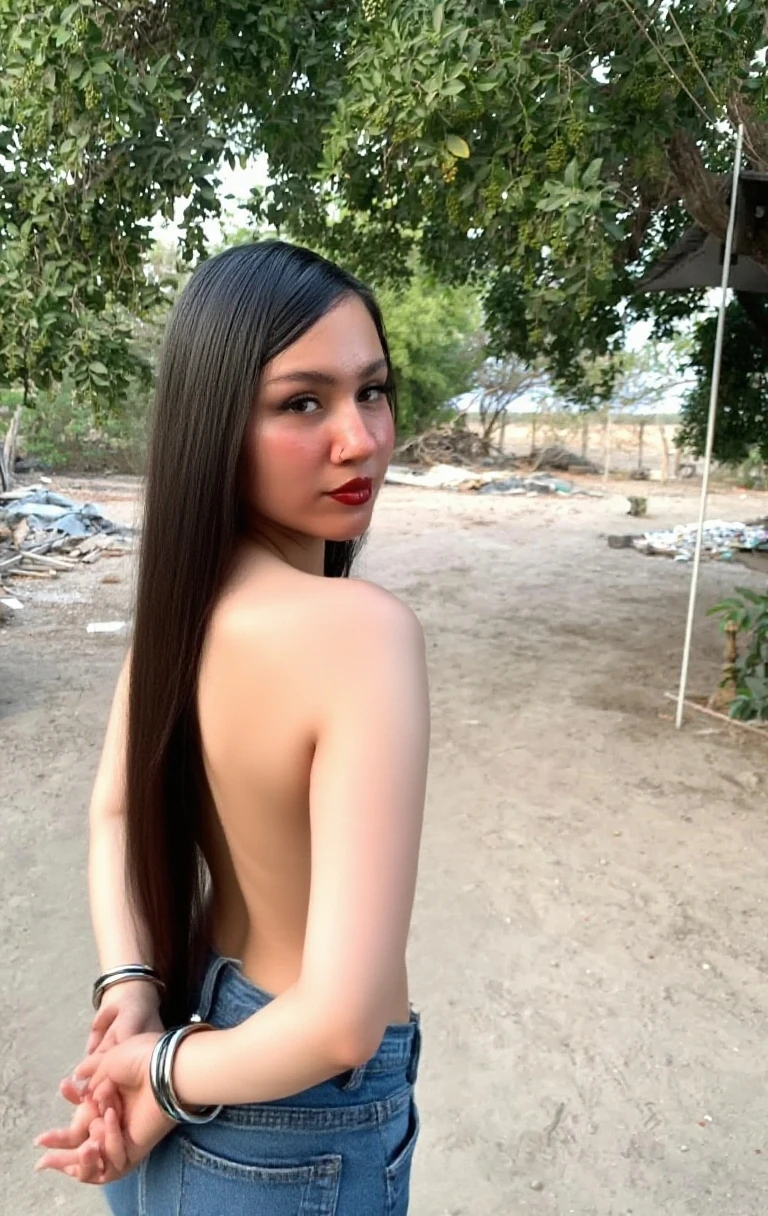 nsfw, topless, nipples, pussy, pubic hair, ass, Thai girl, bent over, hands on knee, View the viewer, Long Hair, micro mini panty, panty drop, show off pussy, from side below, cloud, Day, null,Outdoor, Post-apocalyptic, Remains, scenery, wood, water,