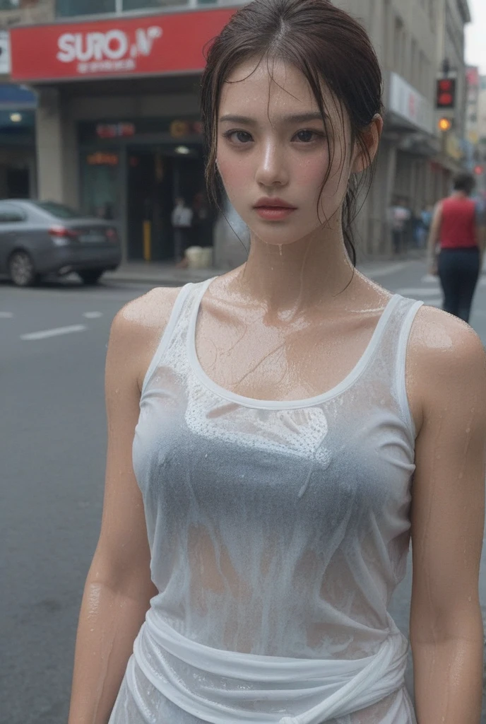 1 girl , short hair, Bun hairstyle, Upper Body, Close-up photo , full breasts, There is a bump in the chest, rain , Street View.