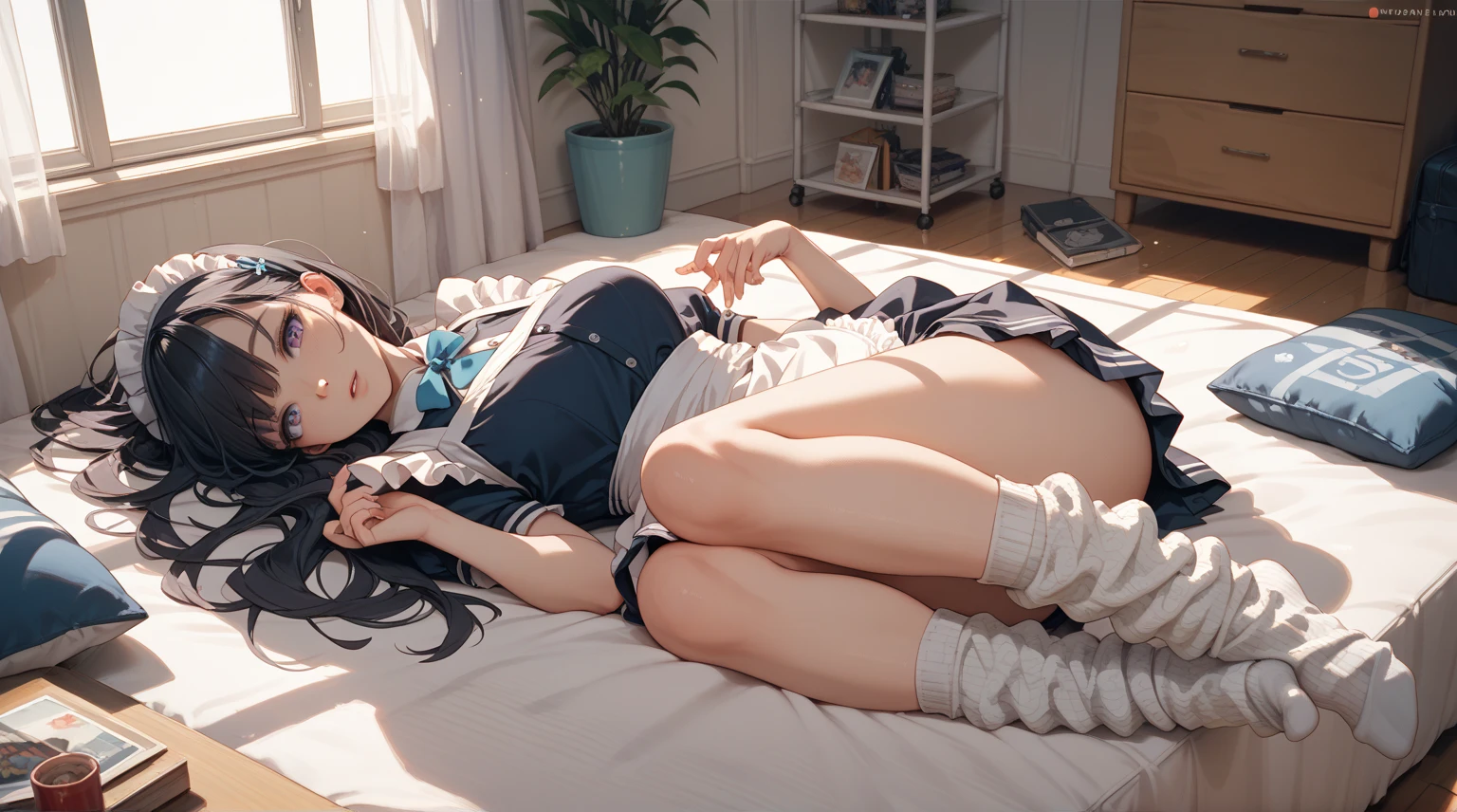 Masterpiece Top Quality High Resolution、Anna Tanaka , Long hair, Sit with your knees bent、Eight-headed body、beauty legs 、in a school、As if looking up from below、Ashamed, panties, cute middle ass, on bed, perfect anatomy, best proportion, symmetry,