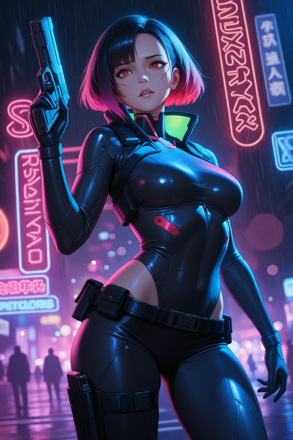 1girl, Faye Valentine, Cowboy Bebop, bob cut, solo, big breasts, green eyes, purple hair, hairband, cbbebop, cbbebop spaceship, (best quality, realistic), futuristic cityscape, neon lights, bounty hunter, space western, intense action, femme fatale, smoke, cigarettes, leather jacket, gun, yellow background, confident expression, stylish outfit, mysterious atmosphere, cyberpunk, sci-fi noir, huge orgasme, sexy