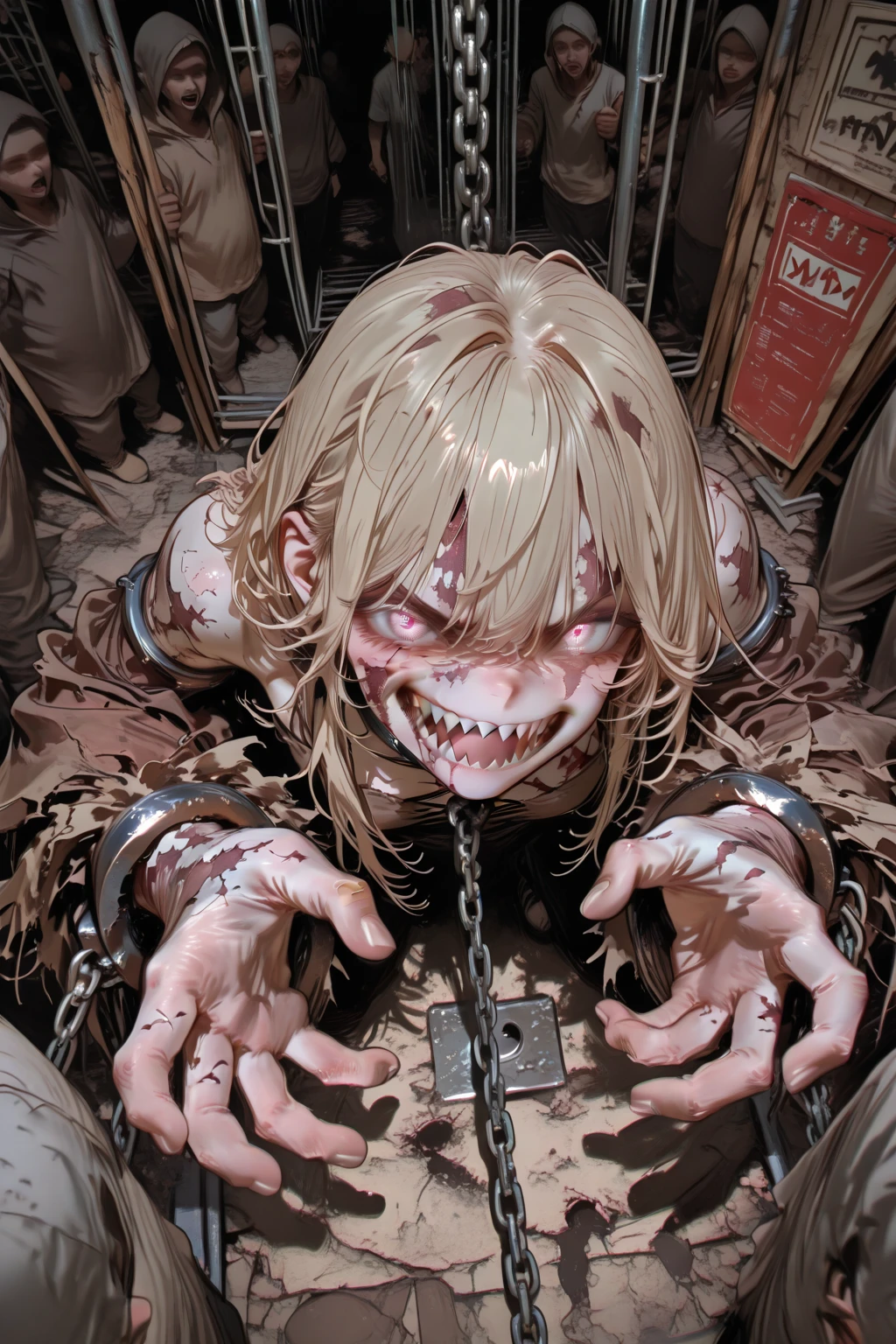 a woman with a horrifying face, extremely ugly and distorted features, sunken eyes, gaping mouth, rotting skin, a skeletal body, unhealthy and uncomfortable appearance, in a dark, unsettling horror atmosphere, highly detailed, photorealistic, 8k, best quality