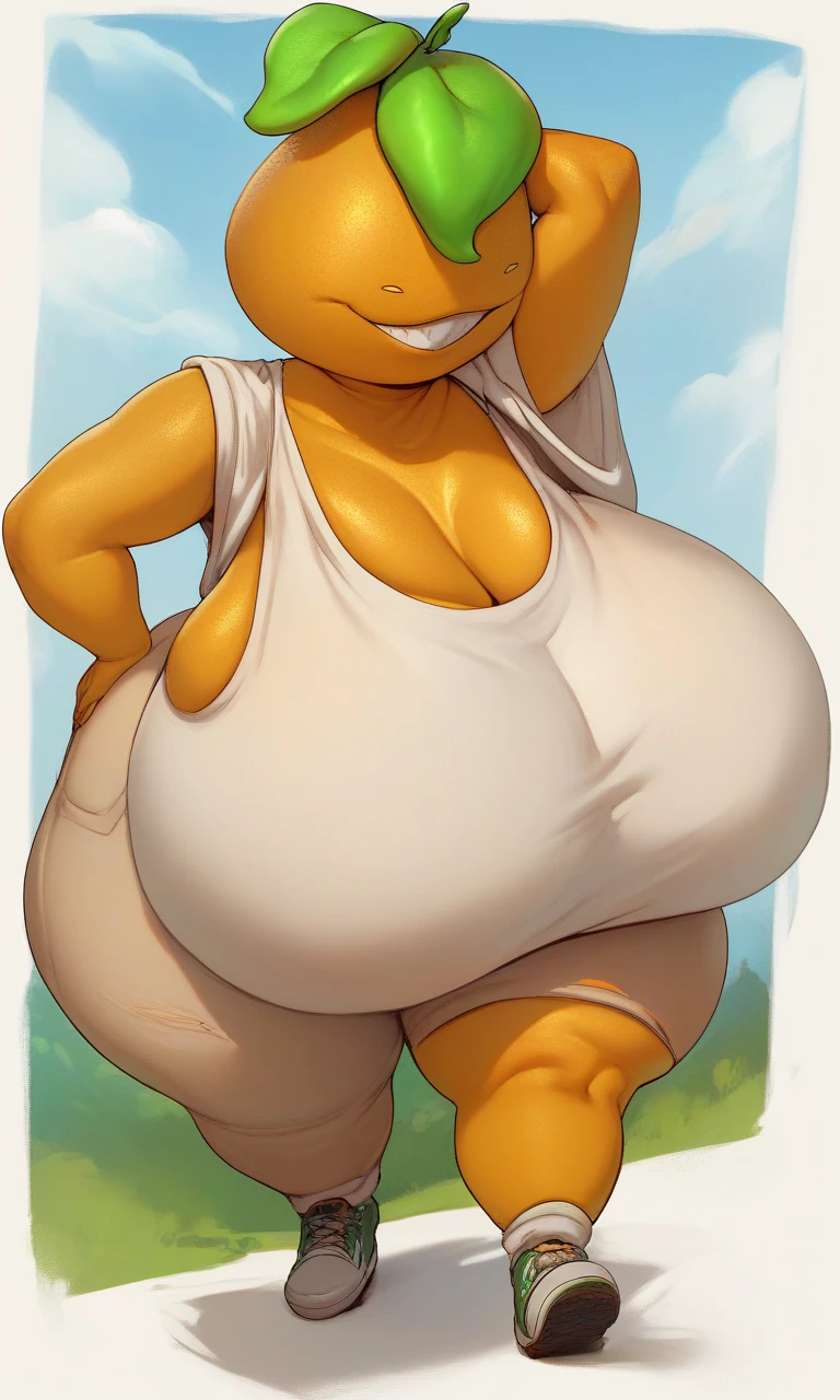 By bebebebebe, by lostgoose, by goonie-san, solo, female, strawberry cow, ((hair)), cow, bovine, pink body, blonde hair, standing, nude, nipples, vagina, chubby, big breasts, ((sunny grassy field)), detailed eyes, looking at viewer, hands behind back