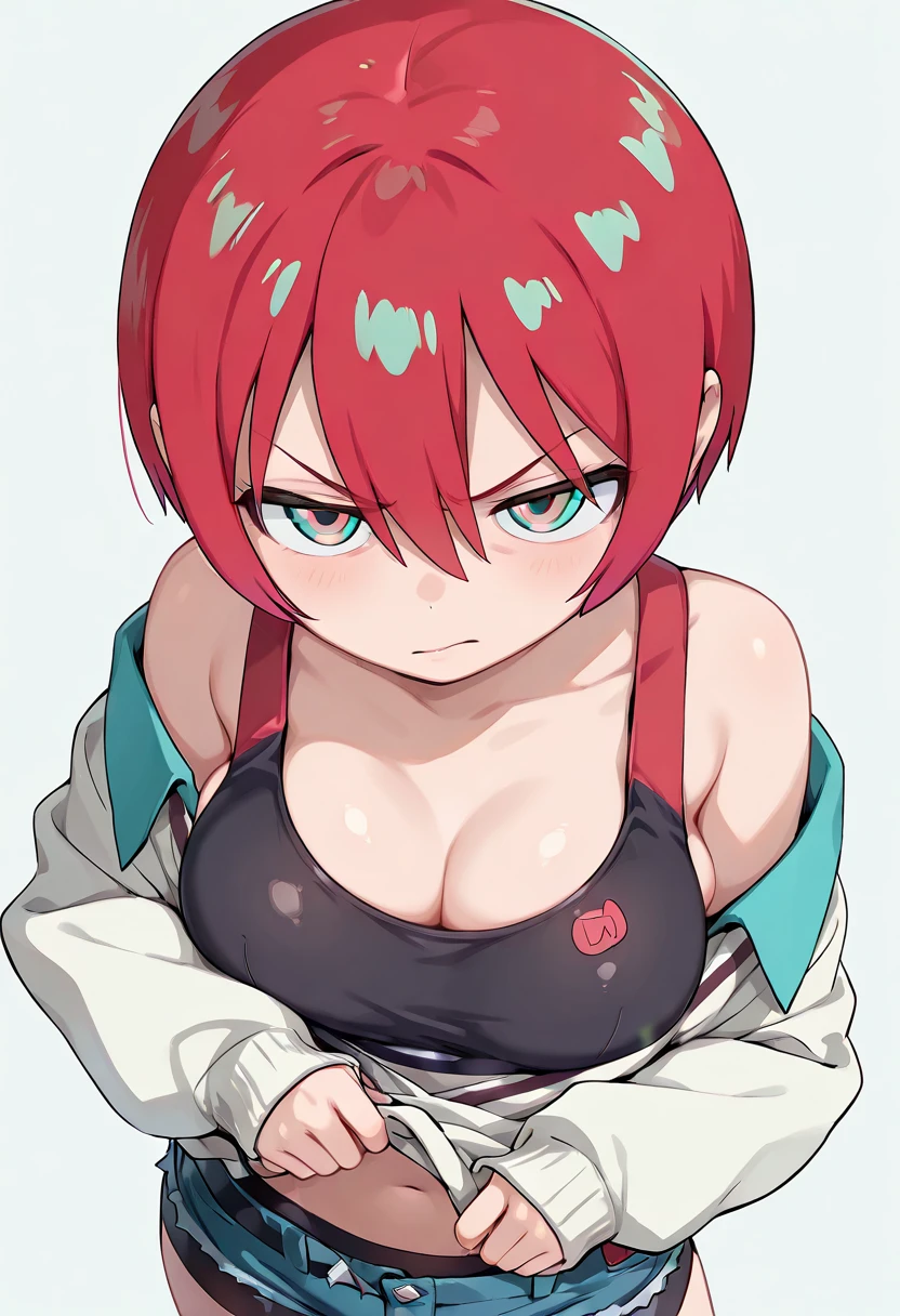 1girls big breasts bikini black eyes female freckles freckles on body freckles on breasts freckles on face freckles on shoulders freckles on thighs hand on hip light skin light-skinned female nipple bulge red hair short hair solo solo female yellow bikini