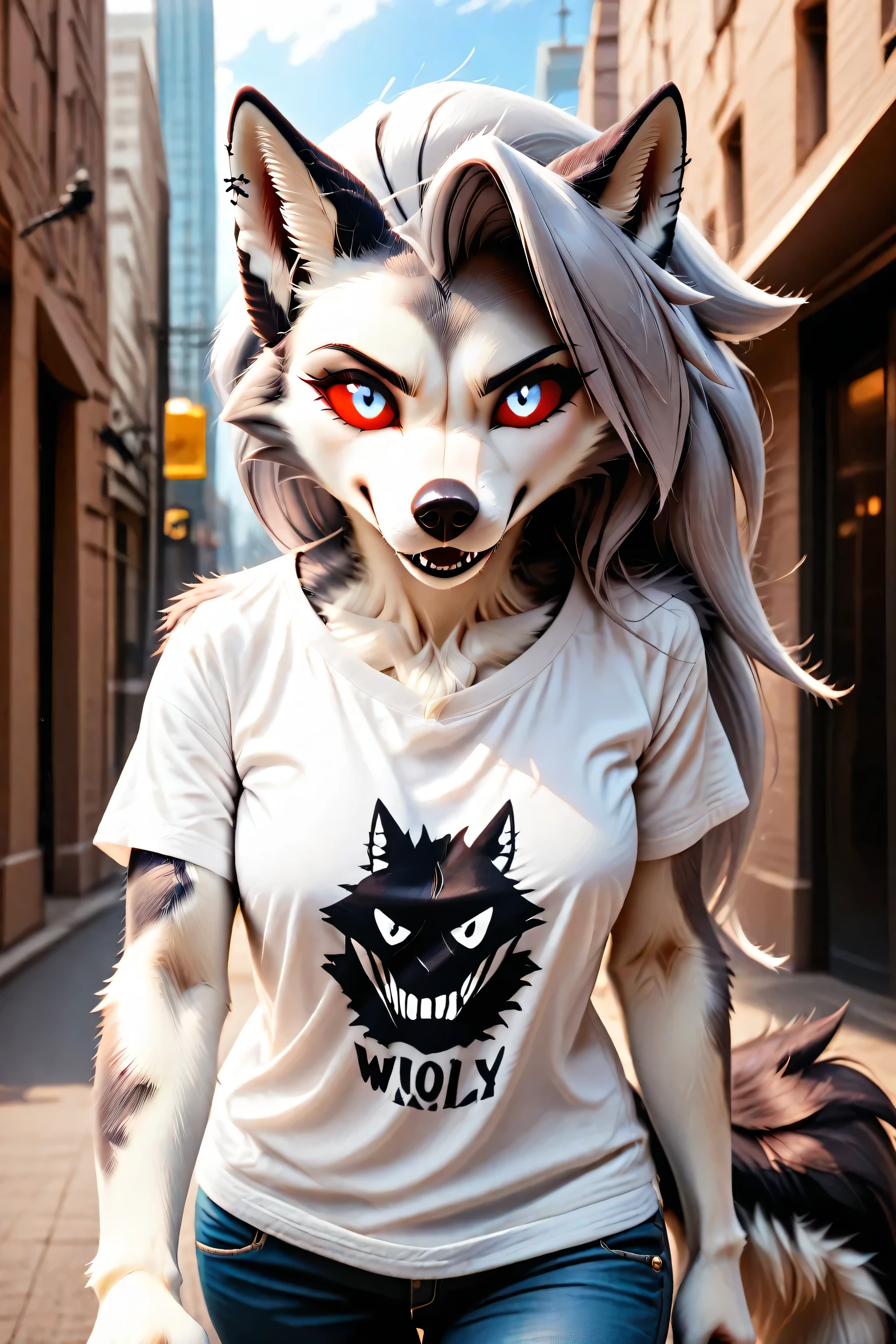 Loona, furry, realisctic, fluffy tail, solo, t-shirt, jeans, walking, city street, day, front view, high-range shot, ultrahigh details, ultra-realistic photo, two-tone fur, gray fur, anthro, wolf girl, animal nose, wolf tail, red sclera, white iris, canine teeth, bangs, absurd res, detailed skin, detailed hair, extremely detailed, sharp focus, sharp details, 8k, 