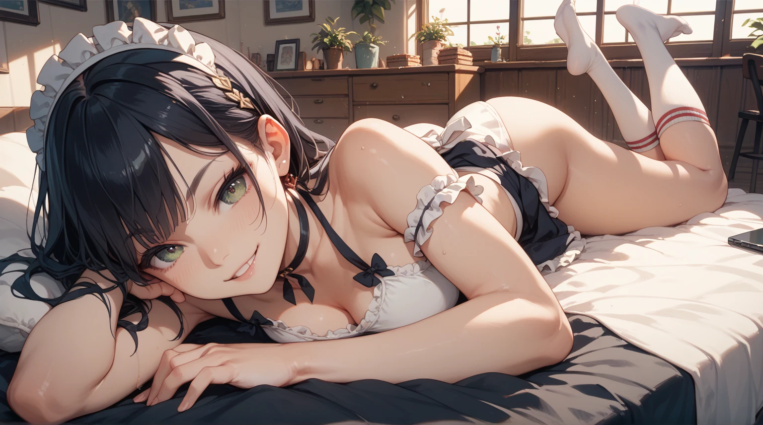 ((masterpiece)), ((best quality)), ((ultra-detailed)), (illustration), ((an extremely delicate and beautiful)),cinematic shadows,game cg,1girl,17 years old,black hair,short hair,black eyes,,see-through,beautiful lighting,depth of field,kimono,small breasts,cleavage,in heat,open legs wide,lying,blurry background