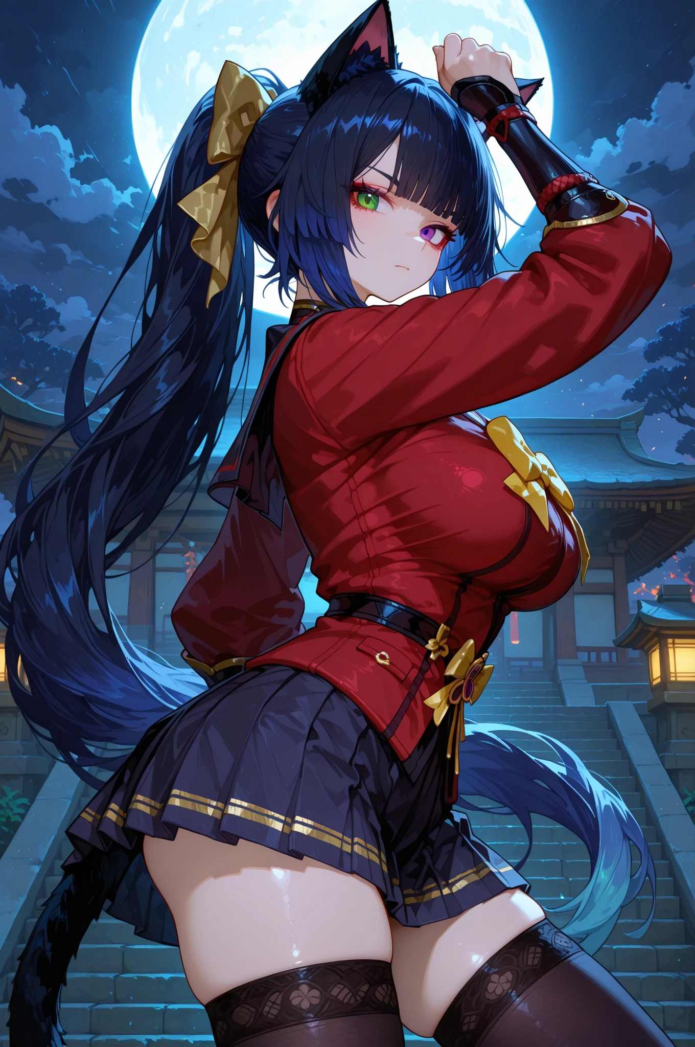 school uniform, sailor collar, red jacket, yellow bow, pleated skirt, black thighhighs,cat ears, cat tail,hmrnhr, black hair, purple eyes, very long hair, ponytail, hair bow,,ONES,748cmstyle, 1girl in pose action, fine trait, anime style quality, digital drawing mode, pose dynamic,a ninja-girl in style Genshin Impact, big , very long wavy Bluehair, well drawn fierce green eyes, cinematic lighting, intricate uniform detailing, very detailed background,in the night Japan temple,moon,clouds.