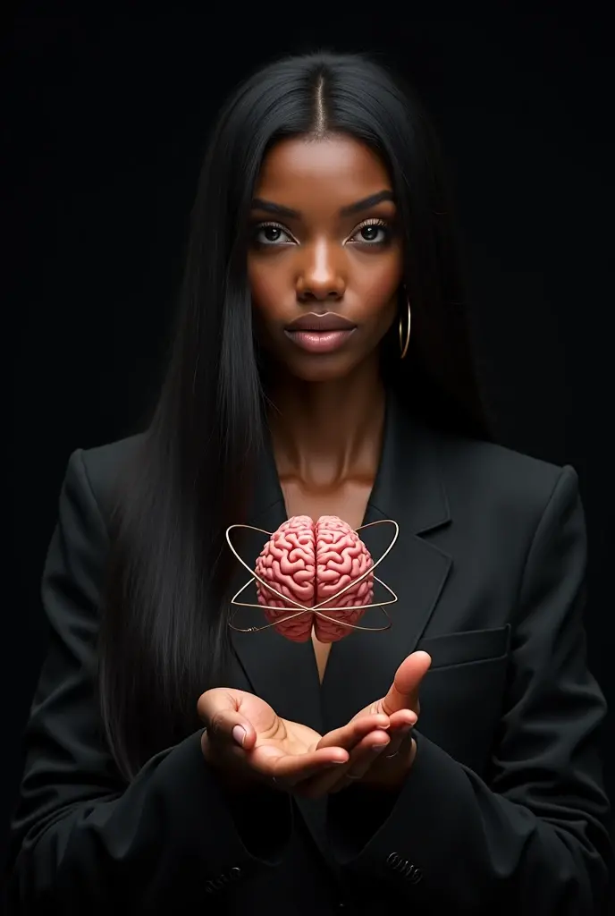 Create a very realistic dark-skinned woman, dressed in a long skirt and braids in her hair with a brain in her left hand and a heart in her right hand