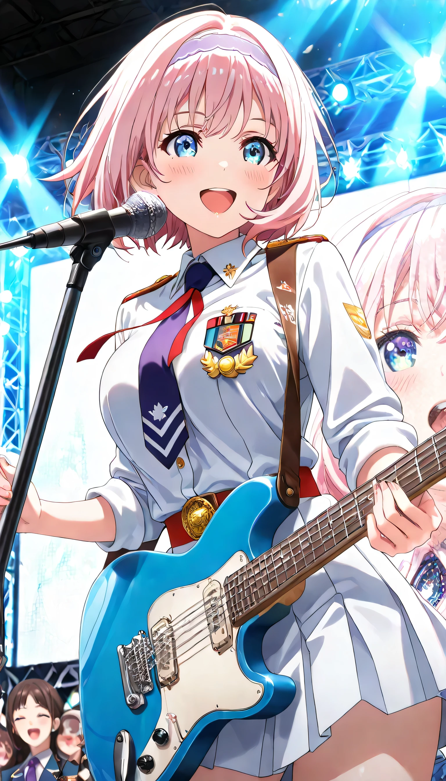 ((ultra-detailed)), (highly detailed CG illustration), (best quality:1.2), ultra-highly detailed, colorful composition, artistic photoshoot, 1girl, solo focus, upper body:1.2, cowboy shot, moe anime character, super popular super idol:1.3, girl, round face, rounded chin:1.2, short stature, blue eyes, sagging eyes:1.3, pale pink hair color, bob cut, pale purple headband, ample breasts, french air force light blue uniform with gold decoration during World War II, white collar inner shirt, pale purple tie:1.4, medal on breast with red ribbon:1.3, sam brown belt with shoulder strap:1.3, open mouth, smile1.3, (microphone stand:1.4), electric_guitar, playing_instrument, on idol stage, singing in the live venue:1.4, enthusiastic audience, shoot from below, dynamic pose, contrapposto pose, best quality, masterpiece, expecting, pink cheek, blush, light pink gloss slip, portrait, depth of field, shining lighting, sidelighting, shine, lighting, caustics, ray tracing, perfect face, lustrous skin, highly detailed face, highly detailed eyes, perfect face, perfect nose, perfect hair, perfect eyes, perfect anatomy, beautiful hair, beautiful small face, extremely detailed face, beautiful detailed eyes, beautiful clavicle, beautiful body, beautiful breasts, leavage, breasts squeezed together, equalize the size of the left and right breasts, beautiful thin thighs, beautiful legs, beautiful fingers, 4 fingers, 1 thumb, lovely, (very detailed background:1.0), (highly detailed background:1.0), intricate details, enthusiastic atmosphere, colorful and sparkling colors palette, chromatic aberration