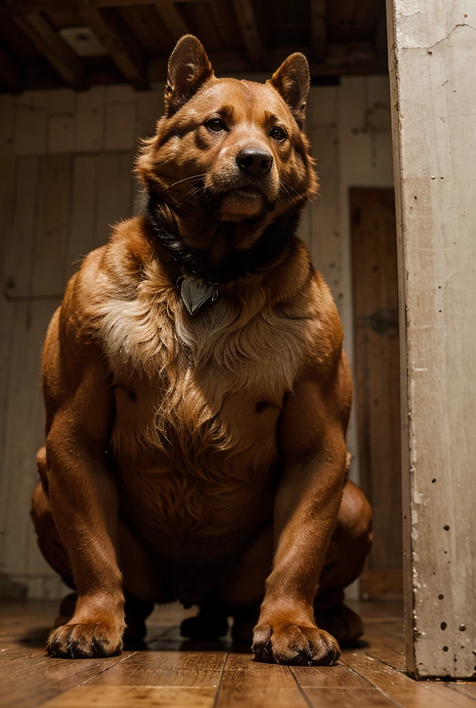 Realstic,photoreallistic,tranchant,(Best quality,Masterpiece:1.4),Anthro(saint-bernard:1.2)(fourrure noire),(musculaire:1.5),gros pectoraux,Muscular arms,Muscular shoulders,(arm behind back:1.3),tied up,(Resister:1.6),(Bondage sur corde:2),clothed, Muselé with the lanières de cuir,mouth closed,temps,peril,Anthro porte une chemise déboutonnée,Cabane en bois,Illuminated by torches, A human being should regarde en arrière-plan,Boire du champagne and de la beer,smoke in the room,highly detailed, realistic fur, detailed fur,detailled eyes,Detailed teeth,realistic eyes,Mamelons realistes,penis,balles,anatomiquement correct,
