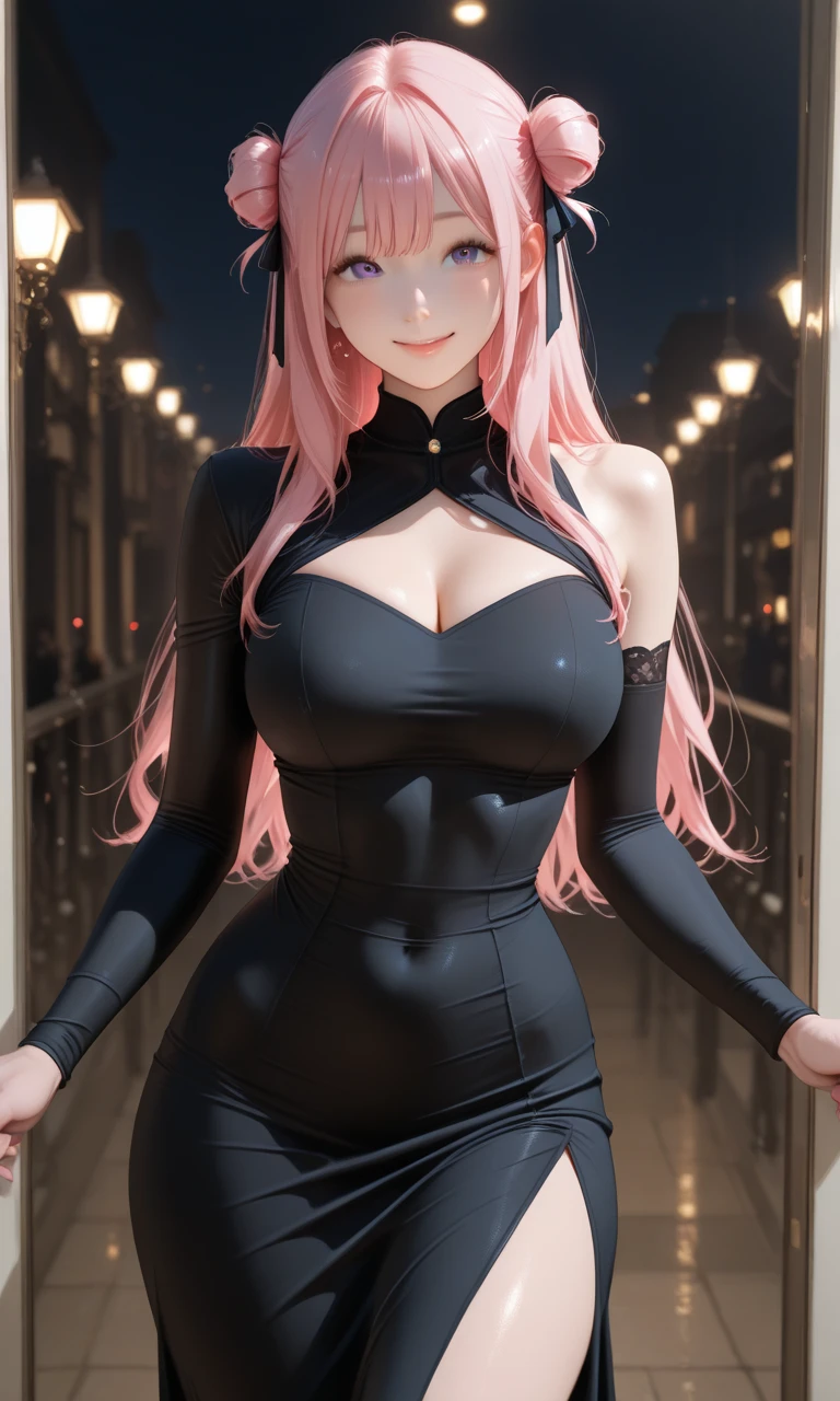 (logo、masterpiece、8k、Tabletop、RAW Photos、wonderful、最high quality、フォトリアルでVery detailedなCG統合8k壁紙、high quality、Very detailed、Narrative poem、Particle Effects、Dynamic Effects、Depth of text、Cinematic Light、Lens flare、Ray Tracing)、Fantasy、One girl, arms, Long Hair, Beautiful cyberpunk woman image ,black dress long dress,(Black Lens Stockings+),Heeled Sandals,(Black stockings legs),Pink and white long hair,prom background, The perfect background
