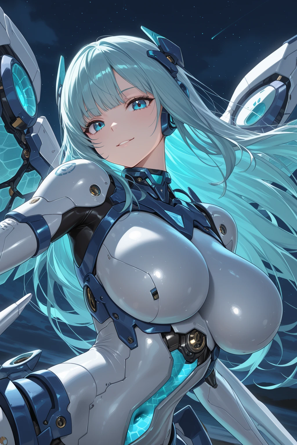 ((Intense action pose:1.6))、((Shining lenses on both breasts:1.3))、((Blue pillars of light are emanating from both chests.:1.3))、smile、((8K)), ((32k)), ((Highest quality)), ((masterpiece)), ((超A high resolution)), ((Tmasterpiece)), ((Halation:1.4))、((Mechaニカルheadgear:1.2))、((Cyber headphones:1.3))、Fine skin, High quality fabric, Fine metal texture、((Beautiful and dense face))、RAW Photos、Professional, Ultra-fine painting, ((alone)), Beautiful breasts、Highest quality, Very detailed, Very detailed詳細, Finer details, so beautiful, ((Princess Knight Robot:1.2)), (Joints of machines, Mechanical Limbs:1.3), (The internal structure of the machine is exposed:1.3), (Long silver hair:1.1), (Beautiful and huge mechanical breasts)、White Veil, cowboy_shot, Side Focus, headgear, Shiny、(Five Fingers, Four fingers and thumb),Concept Art, Anime fantasy artwork, Detailed fantasy art, (with pale blue-violet hair and large white wings,,,,,,,), (((Long silver hair))), (Mecha:1.6)、Sleek and intimidating design, ((Commander-in-Chief'arm)), (Perfect robot body)、純白と青紫armまたは, Symmetrical wings, 8K high quality, detailed art, 3D rendering of character art in 8K, neat legs, Defined, Defined fingers,