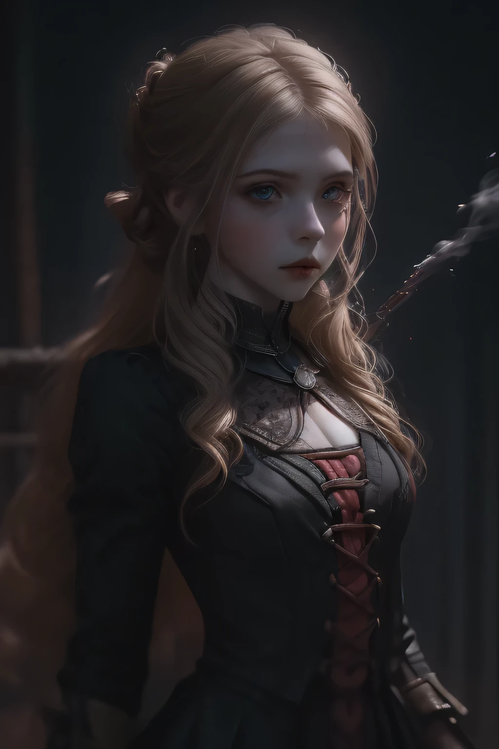 ((best quality)), ((masterpiece)), (detailed), perfect face (((mastepiece, of the highest quality, super detailed))), Dark science fiction art, dark sci fi, ((gothic art)), ((Bloodborne inspired)), (Victorian era inspired), (YorHa), (occultic vibe), (cosmic horror vibe), (occultic order uniform), (witch), wielding a decorated technological rapier-like sword, (Fluttering lace flared knee-lenght dress with frilly petticoats), (black clothing detailed and intricate and detailed gothic), thigh high lace stockings, ((thigh high buckled boots)), ((((Highly detailed face)))), small thin nose, Small thin lips mouth, (((Very sharp focused eyes))), ((perfect symmetrical beautiful eyes)). looking here, (resolved expression), (resolute expression), (sad face), ((fiery embers on the breeze)), ((smoke heavy in the air)), ((a sense of great conflict and adversity)), ((mature, foreboding atmosphere)), ((a sense of an ongoing apocalypse)), ((end times aesthetic)), ((biblically evocative)), ((dark and gloomy)), ((small breasts)), ((blonde)) hair, ((long ponytail, thick ponytail, heavy ponytail)), very long eyelashes, soft lighting, nsfw