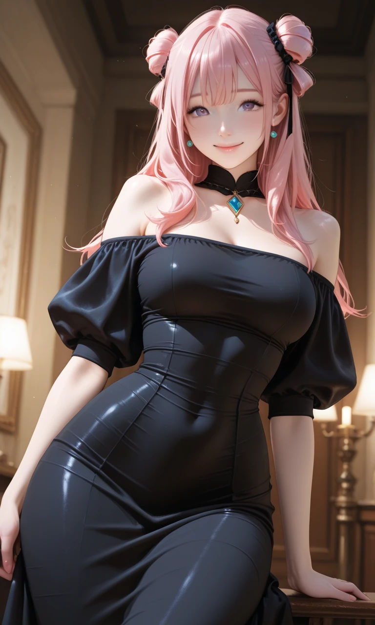 (Masterpiece, BestQuality:1.3), (ultra detailed:1.2), (hyperrealistic:1.3), (RAW photo:1.2), High detail RAW color photo, professional photograph, (Photorealistic:1.4), (realistic:1.4), (Pink Hair:1.5), professional lighting, perfect anatomy, (Big Breasts:1.2), (blush, detailed face), (cheerful Smile:1.5), Trending Hair&Trending Hairカラーをランダムに, earrings, necklace, bracelet, sexly, erotic sexly, Random sexy gravure poses, (A beautiful woman wearing a black bodycon dress、Dancing seductively on the dance floor of a club。With long hair、With one hand on her hip, she pulled down her bodycon dress to reveal her chest.、Sexy pose licking lips。:1.3)