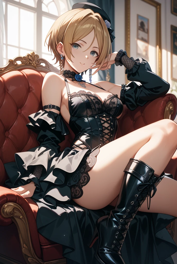 (Miyazaki style illustration:1.2), (female princess:1.2), (from a big country), (rich castle), (bacl modern outfit:1.2), (torn style:1.1), (black modern torn up lingerie:1.2), (open toe strappy high heels:1.2), (full body view), (sitting on castle balcony:1.2), (legs up:1.1), (seductive gaze at viewer), (hyper detailed), (dynamic lighting), 8K, (detailed clothes), (seduction), (milf:1.2),(short hair bangs), (blonde hair with highlights:1.1), (hyrule field in the background), (provocative and teasing), (detailed underwear), (perfect legs), (slutty), (choker:1.1), (very subtle goth makeup:1.2), (legs spread wide open), (detailed face and eyes:1.2), (perfect anatomy), (round breasts), (bubble butt), (wide hips:1.1), (slim waist:1.1), (thick thighs:1.1), (detailed background), (perfect nails:1.1), (detailed hand and finger:1.2), (medium breasts:1.2), (busty), (deep cleavage:1.2), (labia outline:1.3), (hard teat:1.3).