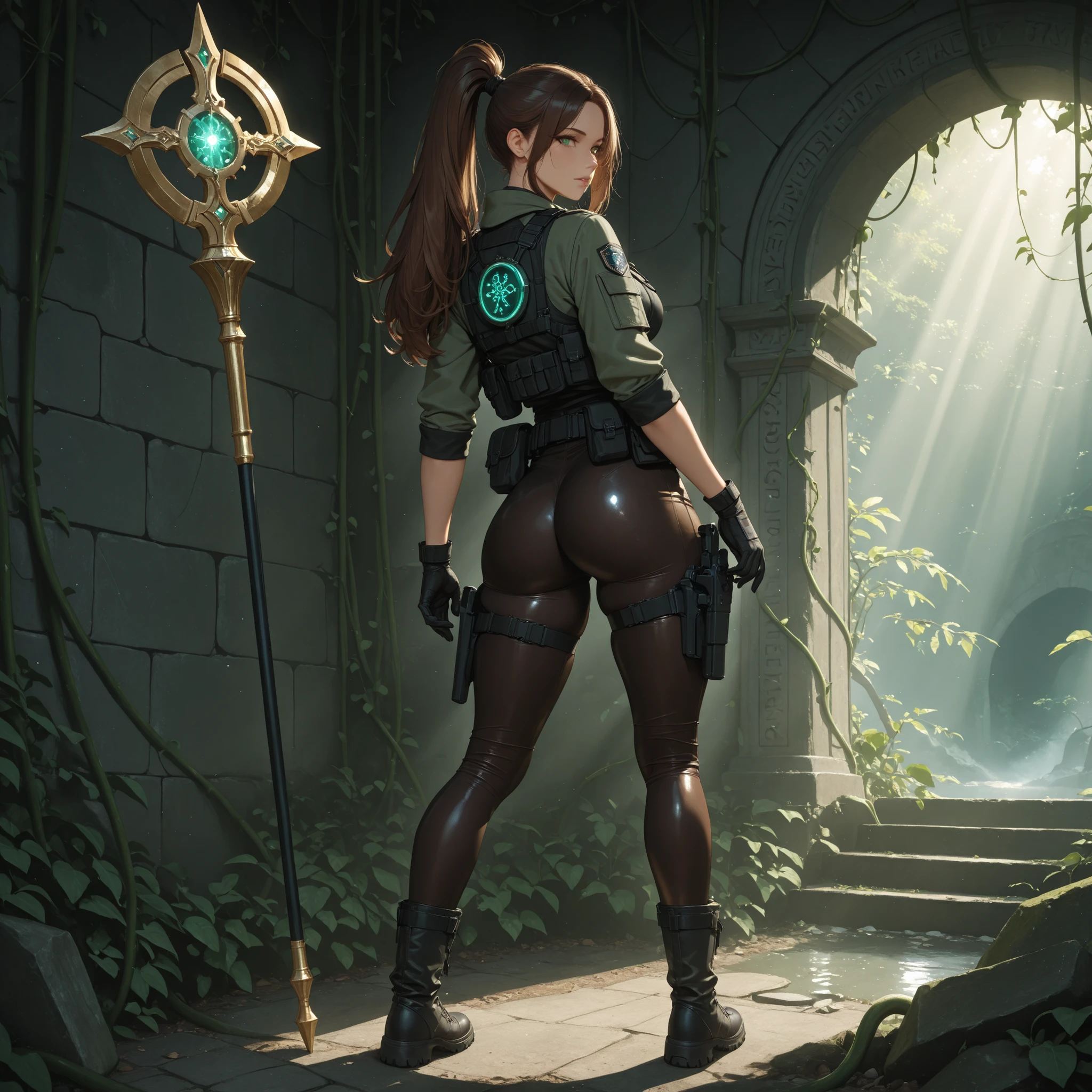((curvy thick)), steampunk diva, leather harness, ((shirt, mini skirt, bionic arms)), aviator goggles, darker catacombs, face detailing, semi grin, strong stance