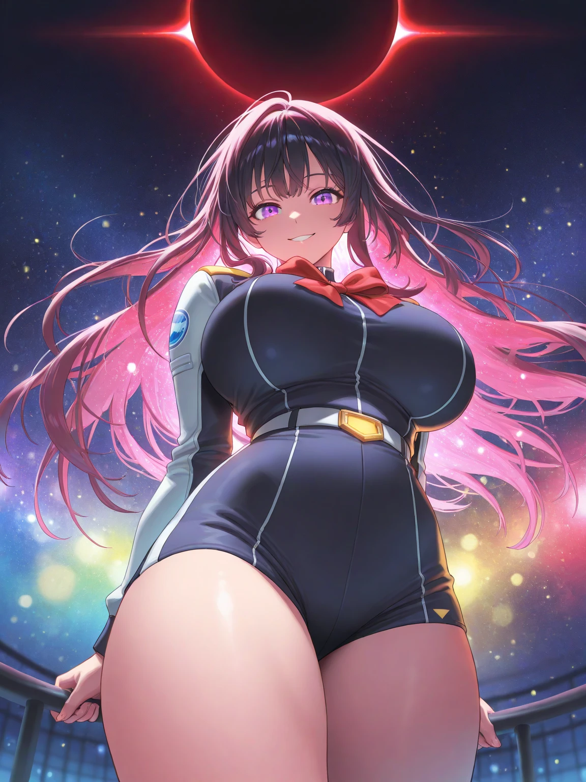 best quality, ultra-detailed masterpiece, anime art style, cute characters, nino nakano, one-piece swimsuit, large breasts, pantyhose, space station