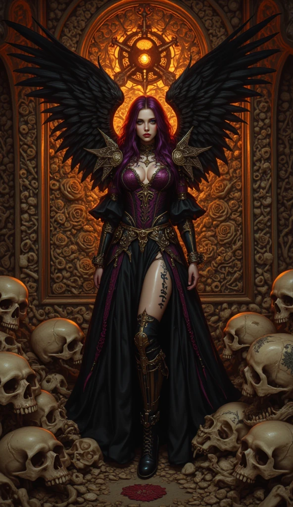 A beautiful tanned woman standing tall and confident with pronounced overwhelming gothic toned facial features and deep red lips, wearing a large gothic ornate headdress that resembles spiraled ram's horns. They wear oversized, elaborate goggles that look like they are made of colorful, translucent crystals, reflecting the nebulous scene of colors. Her body is full of beautiful Irezumi tattoos. The woman is dressed in dark, gothic attire giving them an overwhelming gothic look. The background is nebulous psychedelic chaotic scenery of vibrant colors in a Renaissance setting