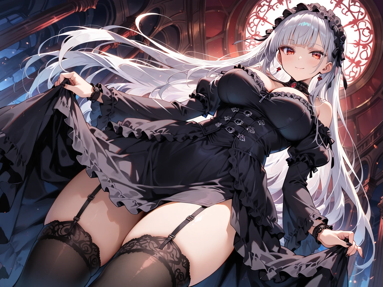 {{masterpiece}},best quality,Highly detailed CG Unity 8K wallpaper,One woman,movie lighting,lens flare glow,
perfect style, perfect body, clear beautiful eyes, long eyelashes, Beautiful silver hair, Delicate and detailed off-shoulder design, red, black color,dresses, Floral lace, It has a lot of ribbons, emphasize the chest, shiny thighs, costume with lace, The luxurious interior of a high-class brothel,