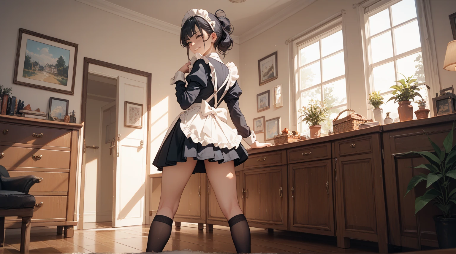 ultra-quality, ultla highres, Hyper Detailed, High contrast, superfine illustration, creative refinement, maid, eye glasses, White panties, Black stockings