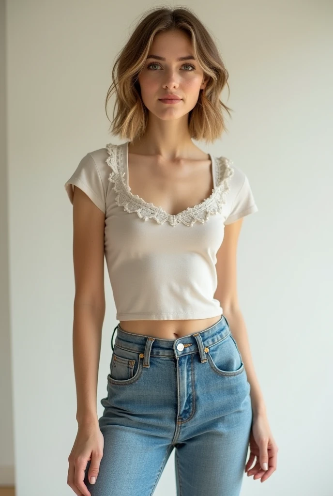 upper body, close up ohwx woman,dreamy vibes, freckles, soft smile, shoulder length,brunette hair at side, living room, white stockings,(detached shirt:1.2),beautiful legs, black choker,Denoidramatic, atmospheric, reddit, medium quality, normal aesthetic,sticking tongue out