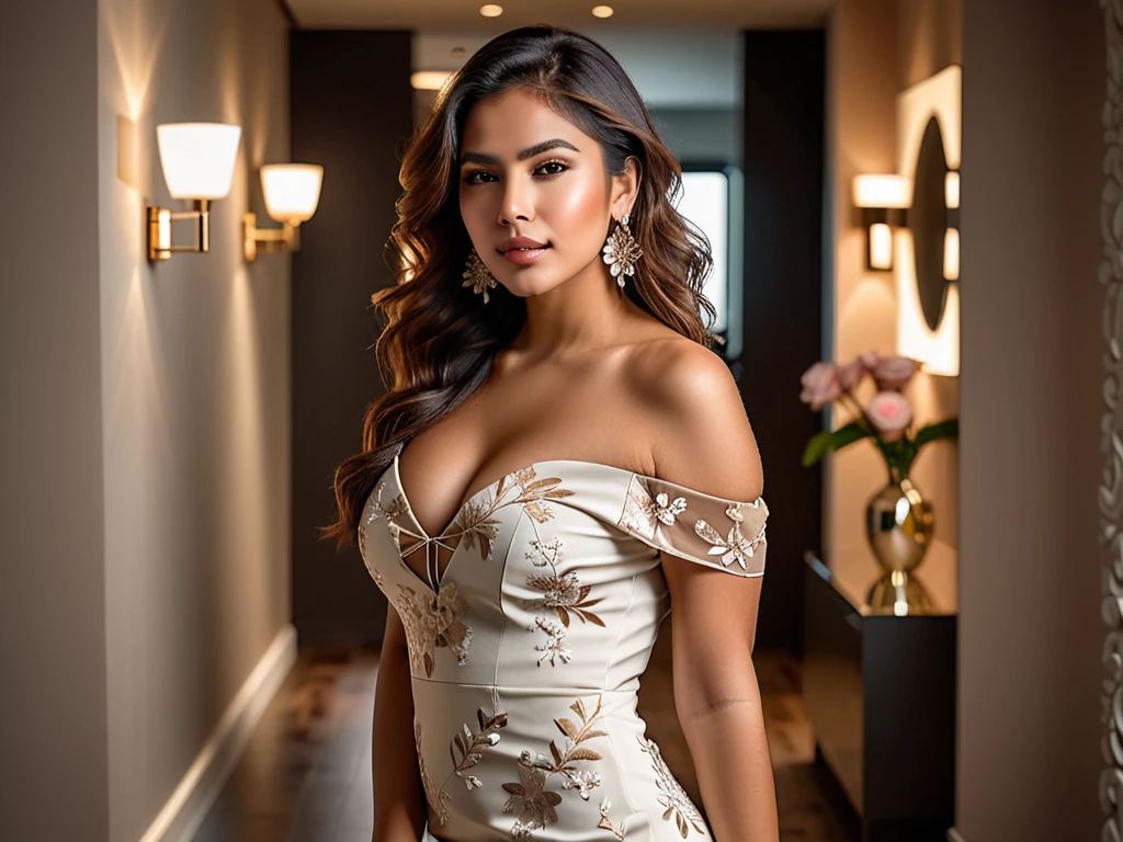 Isabela Merced, smiling, party dress, (skin texture:1.1), (high detail face:1.1), high detail body, high detail clotheasterpiece), (realistic), ultra high definition, 4k, ultra high resolution, photo by Ana Dias