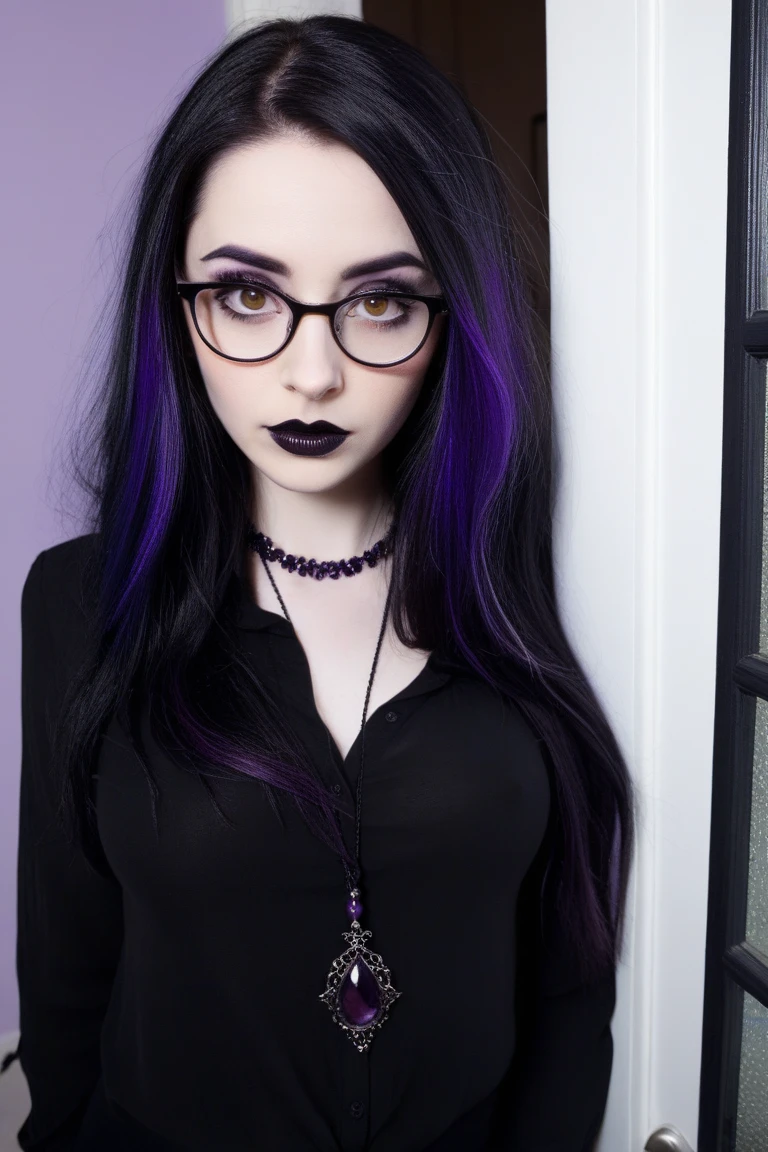 ((mejor calidad)), ((Obra maestra)), (detallado), cara perfecta, Imagine young gothic woman with dark purple hair styled in a dramatic manner..., estilo fluido, sus labios pintaron un atrevido tono de color burdeos oscuro. Esta caminando por un cementario, con ropa elegante gotica, con lentes oscuros, su cabello es morado 