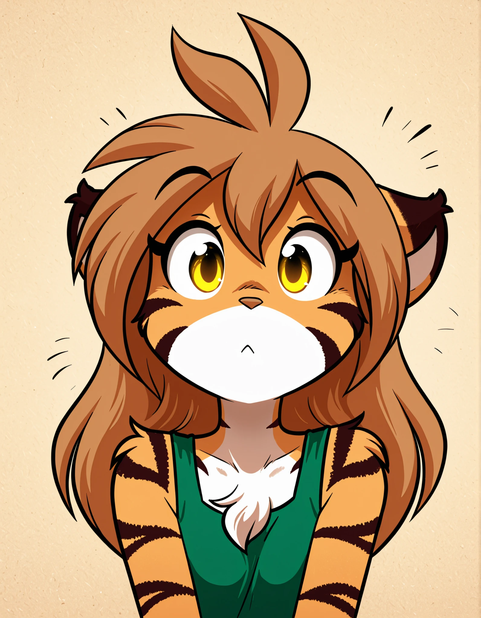gaturo style, g4tur0,, masterpiece, best quality, very aesthetic, 1girl,, furry, solo, flora-twokinds, flora_twokinds,, tiger, striped fur, keidran, yellow eyes, anthro,, green shirt