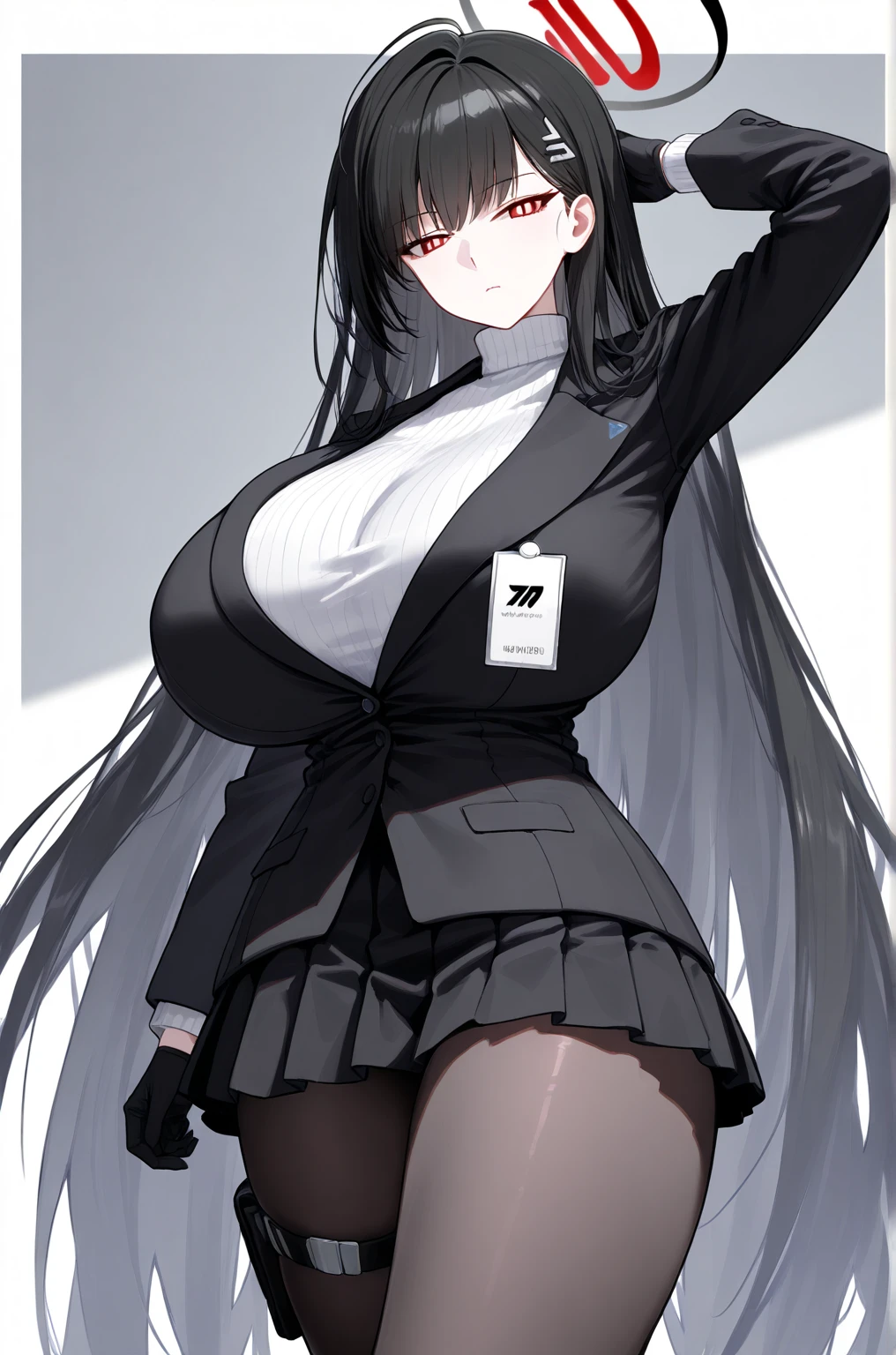 1 girl,CG,Completely naked,huge breasts, black hair, long hair, straight hair, black eyes,((white dress shirt、black tight skirt、Office Lady)),((bullish look)),((white background))