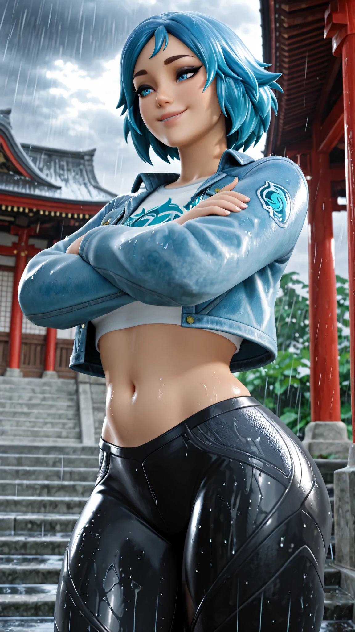 1 girl, perfect lighting, masterpiece, highest quality, amazing quality, 4K, very aesthetic, high resolution, black eyeshadow, blue eyes,alone, blue eyes, cropped jacket, blue hair, abdomen, short hair, cropped top, belly button, thick thighs, denim jacket, denim, leather pants, smile, blue jacket, tight pants, exterior of an Asian Japanese garden, on the steps of a temple, arms crossed, cloudy sky, rain, rainy sky, glowing, t-shirt logo,