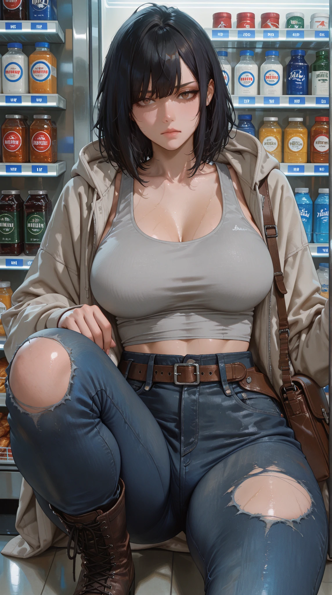(masterpiece, Best Quality, ultra-detailed, high resolution, extremely detailed CG, official art, Professional Lighting, Perfect Anatomy, anime colors), (from below), looking at viewer, cowboy shot, perfect body, 24yo beautiful 1girl, medium hips, glamorous body,a small face,beautiful-makeup,Makeup light,Shortcut Hair,dark brown hair、Bust b Cup, Amazing Cleavage, thin waist, big ass, Raised sexy, big breast: 1.2 posed cleavage:1.2, (off shoulders,Sportsbra,legginullnude), micro denim shorts, bare legs, nail_polish, pale skin, Waiting friend, (morning:1.5), tokyo, (convenience store:1.3), outdoor, (depth of field:1.3), contrapposto, (Hold a coffee in your hand:1.3),delicate beautiful face, Bright magenta eyes, cute eyes, sparkling eyes, Big eyes, (big breasts:1.3), (perky chest:1.1), (pointed chest:1.3), looking at viewer,