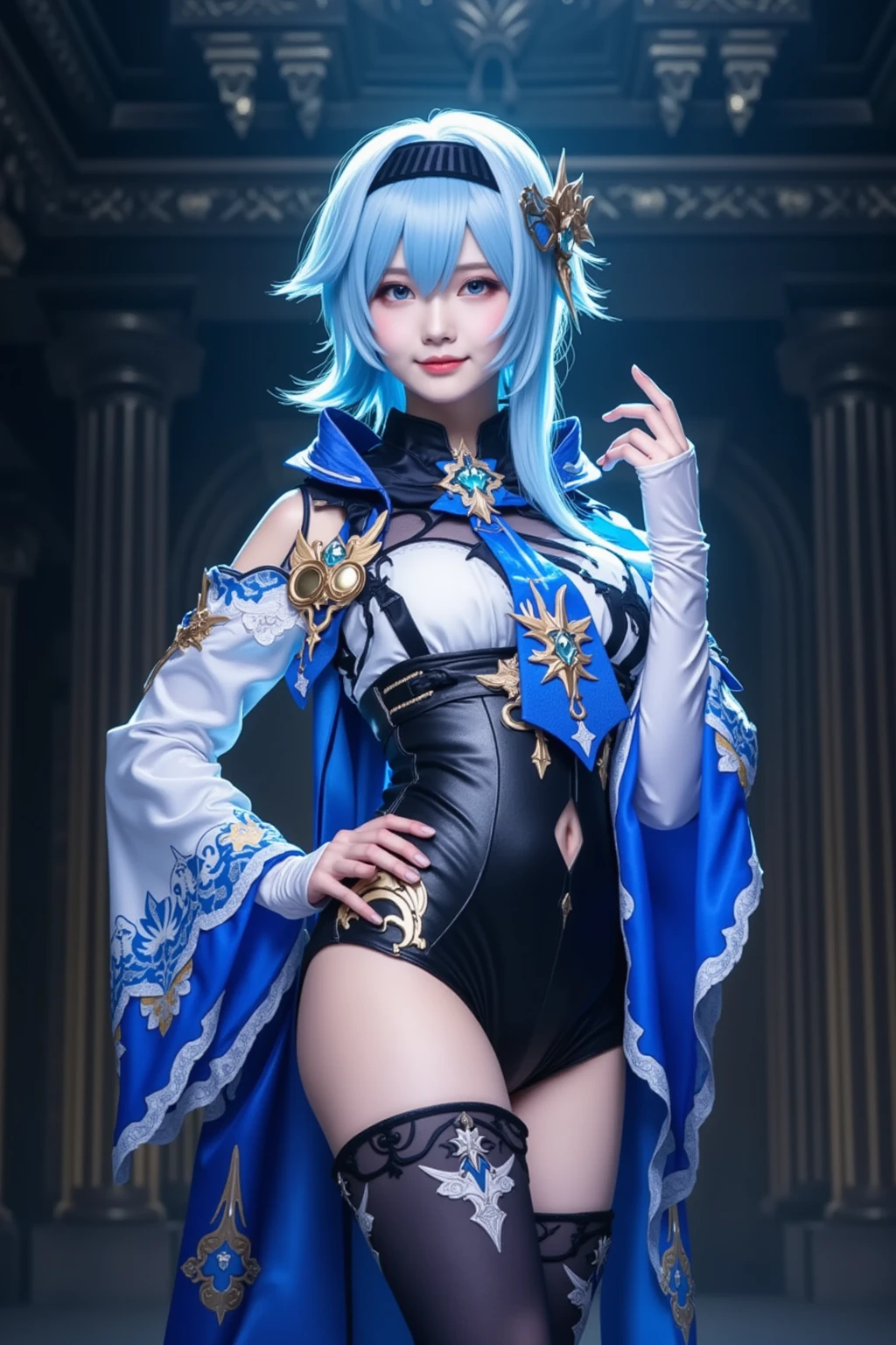 best quality,masterpiece,realistic,photorealistic,1girl,solo,looking at viewer,smile,standing,cowboy shot,ganyu cosplay costume,ganyu,genshin impact,cosplay,alternate costume,blue hair,long hair,horns,hair ornament,hair between eyes,dress,blue dress,china dress,sleeveless dress,bare shoulders,detached sleeves,gloves,elbow gloves,thigh strap,bell,simple grey background,<lora:Genshin_Ganyu_Lantern_Rite_cosplay_v1:0.7>,