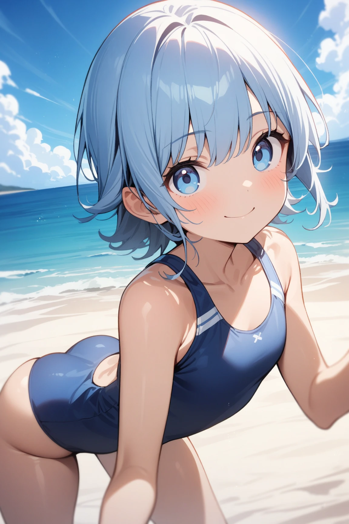 1 girl, vtuber style, cool girl, amane kanata, streaked hair, short hair, bikini, front-tie top, Not zipped mini jeans, small chest, wet body, smile, ass visible through thighs, (full body), barefoot, naked thighs, sitting, open legs wide,