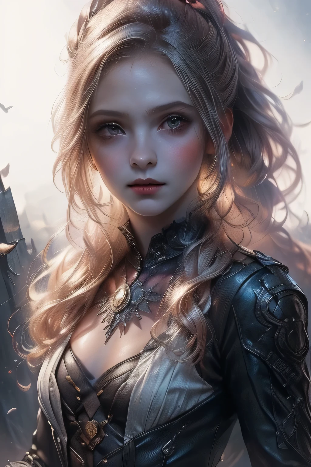 ((best quality)), ((masterpiece)), (detailed), perfect face (((mastepiece, of the highest quality, super detailed))), ((plain white background)), ((photorealistic)), Dark fantasy art, dark fantasy, ((gothic art)), ((Bloodborne inspired)), (Georgian era inspired), human female, (occultic vibe), (cosmic horror vibe), (beautifully fine and intricate white embroidery), (occultic academic uniform), (academic witch), (smart and intricate small jacket top) ((carrying an ornately designed and decorated sword hilt in her right hand)), (Fluttering lace flared dress with frilly petticoats), (black intricately detailed gothic uniform), thigh high lace stockings, (thigh high buckled boots), ((((Highly detailed face)))), small thin nose, Small thin lips mouth, (((Very sharp focused eyes))), ((perfect symmetrical beautiful eyes)). looking here, (resolved expression), (resolute expression), ((biblically evocative)), ((dark and gloomy)), ((small breasts)), ((blonde)) hair, ((long ponytail, thick ponytail, heavy ponytail)), very long eyelashes, (full body), (dynamic poses), (action poses), (attacking with a sword), character design, soft lighting