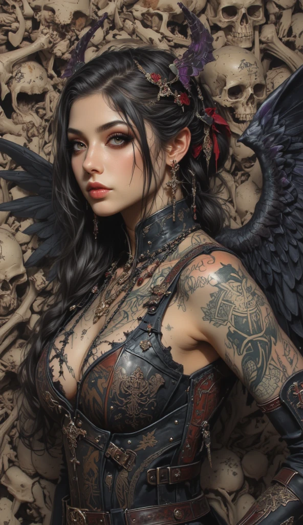 a true masterpiece depicting death angel, oil painting, imortality,, abstract, gorgeous, tattoos,crown, sad, depressing, flowers, perfect face, (tattooed body, black wings, red), blue eyes, roses, laying down, top view, from above, 1girl, perfect anatomy, gold details, majestic