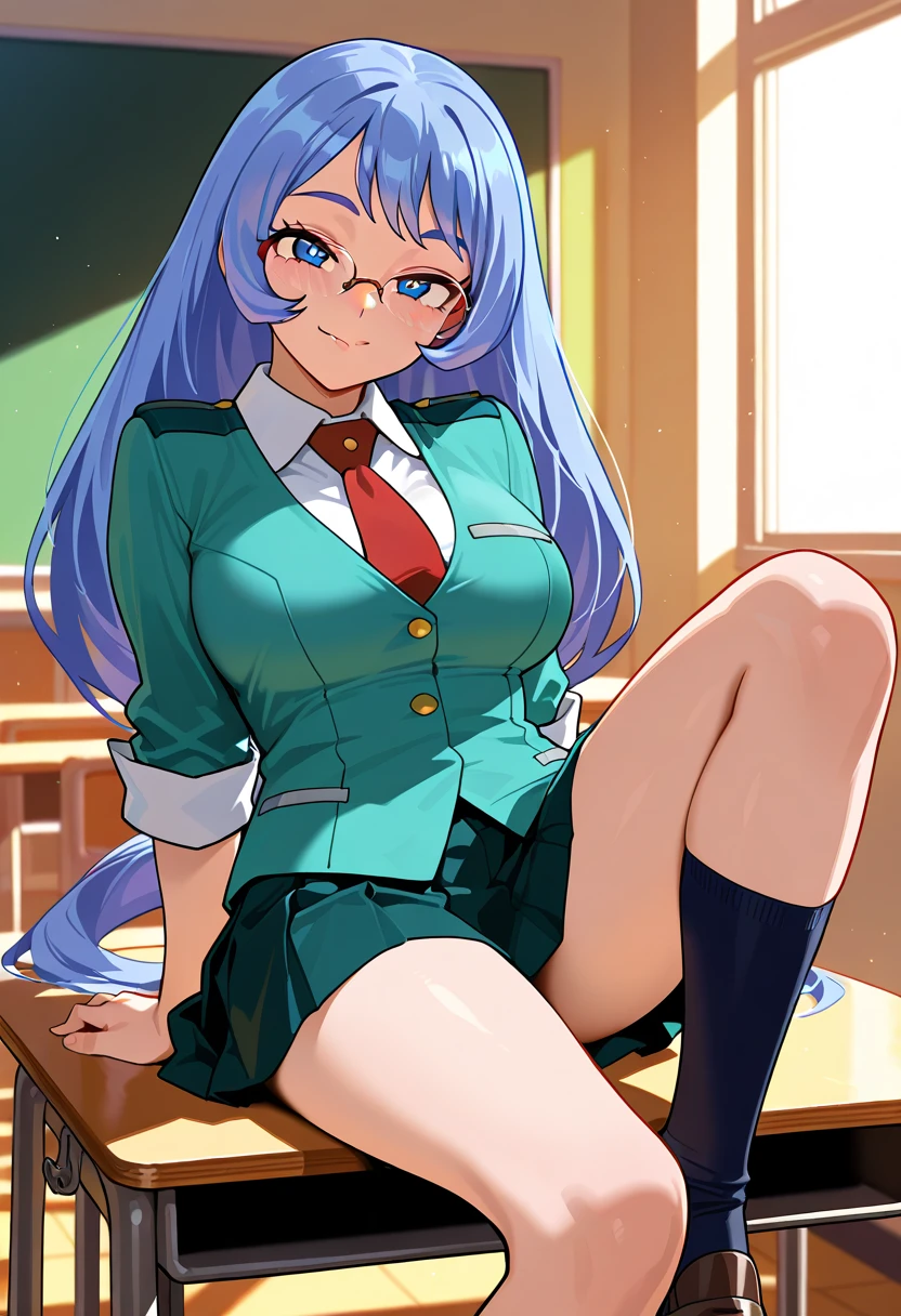 Ram, sexy, Mature face, Sexy smile、Extremely detailed eyes、Blue Eyes, Turquoise Hair、Cute demon horns、2Book corner、Tabletop, (Penetration: 1.2),((Short sailor suit, Detailed and accurate)), Summer 3/4 sleeve shirt、In a glamorous body, Big Breasts:1.6, ((School uniform skirt)), (I can see her panties, Lace, Accurate and detailed), Sexy Poses,refer to4Bookの中に親refer to1Book,On a desk in the classroom、Classroom Background、